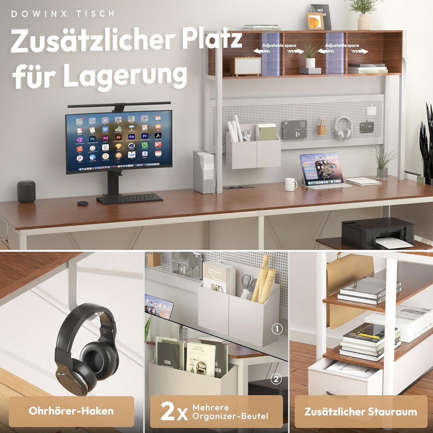 Dowinx LED Gaming Table, L-Shaped Desk with Pegboard and Storage Space, Reversible Computer Desk with Sockets and USB, Office Corner Desk for Home Game, Grey, 120 x 148 cm