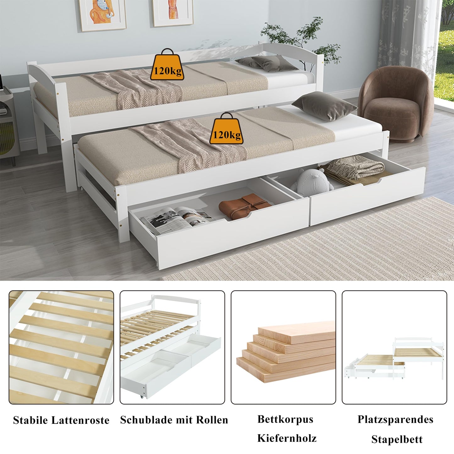Children's Bed 90 x 200 cm, Wooden Bed with Drawers and Board, Headboard with Bookshelf and Fall Protection, Bed with Slatted Frame and Storage Space, Teenager's Bed, Functional Bed, Wooden Bed Frame,