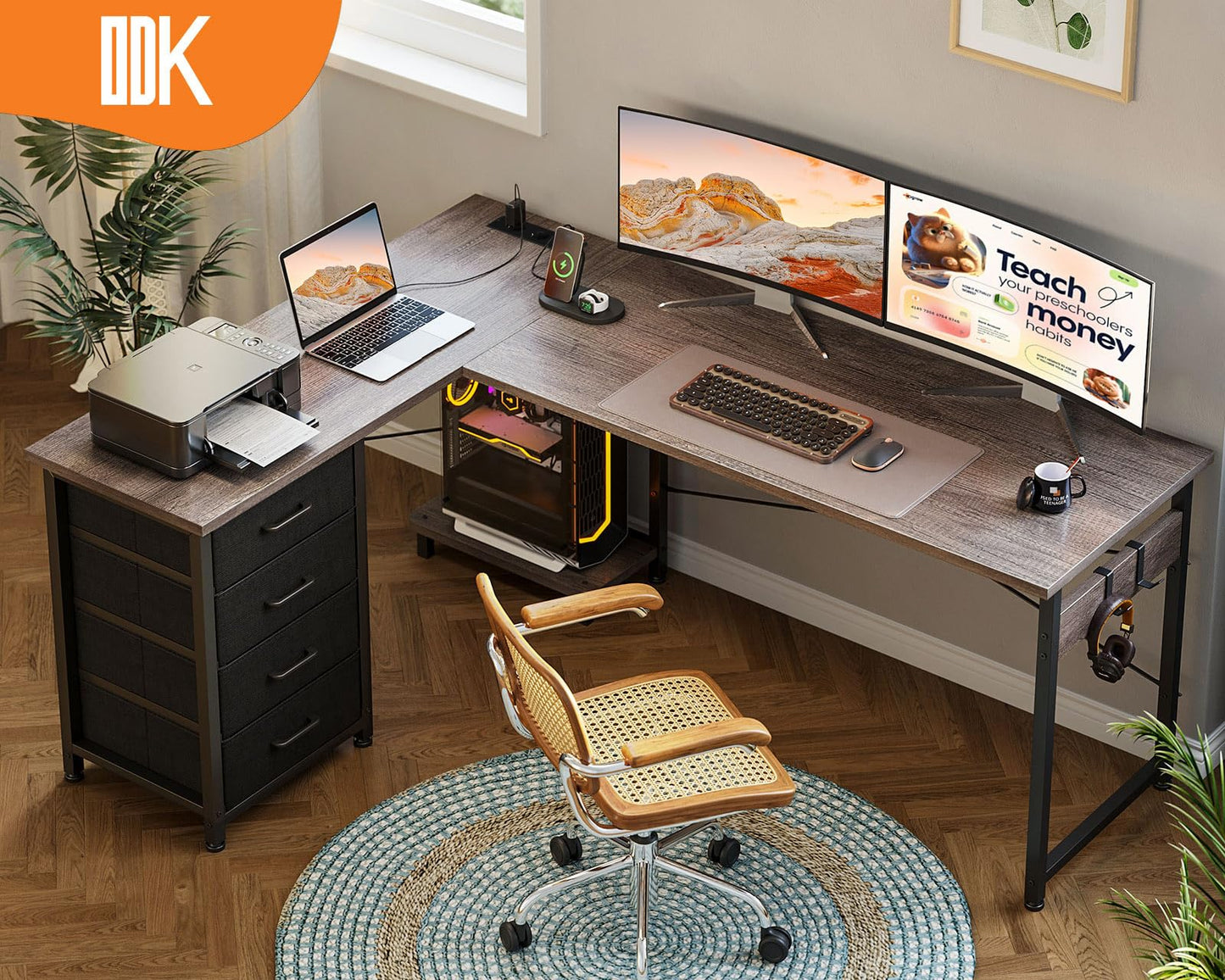 ODK Corner Desk with 4 Drawers, 135 x 100 cm, L Shape Desk with Socket and USB Charging Port, Reversible Desk with Storage Space for Home Office and Gaming, Black