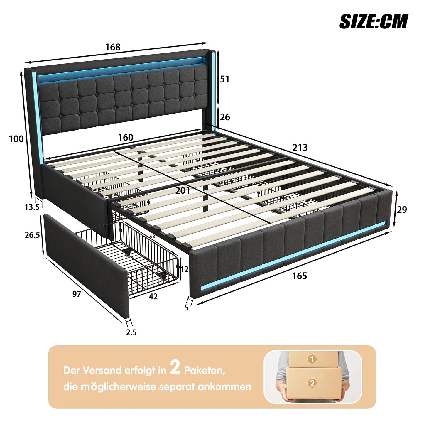 KeepGoon Doppelbett 140 x 200 cm,Polsterbett mit LED-Leuchten, 4 Eisenschubladen und einem USB Ladeanschluss,Stauraumbetten Bettgestell,Leinenstoff (Beige)