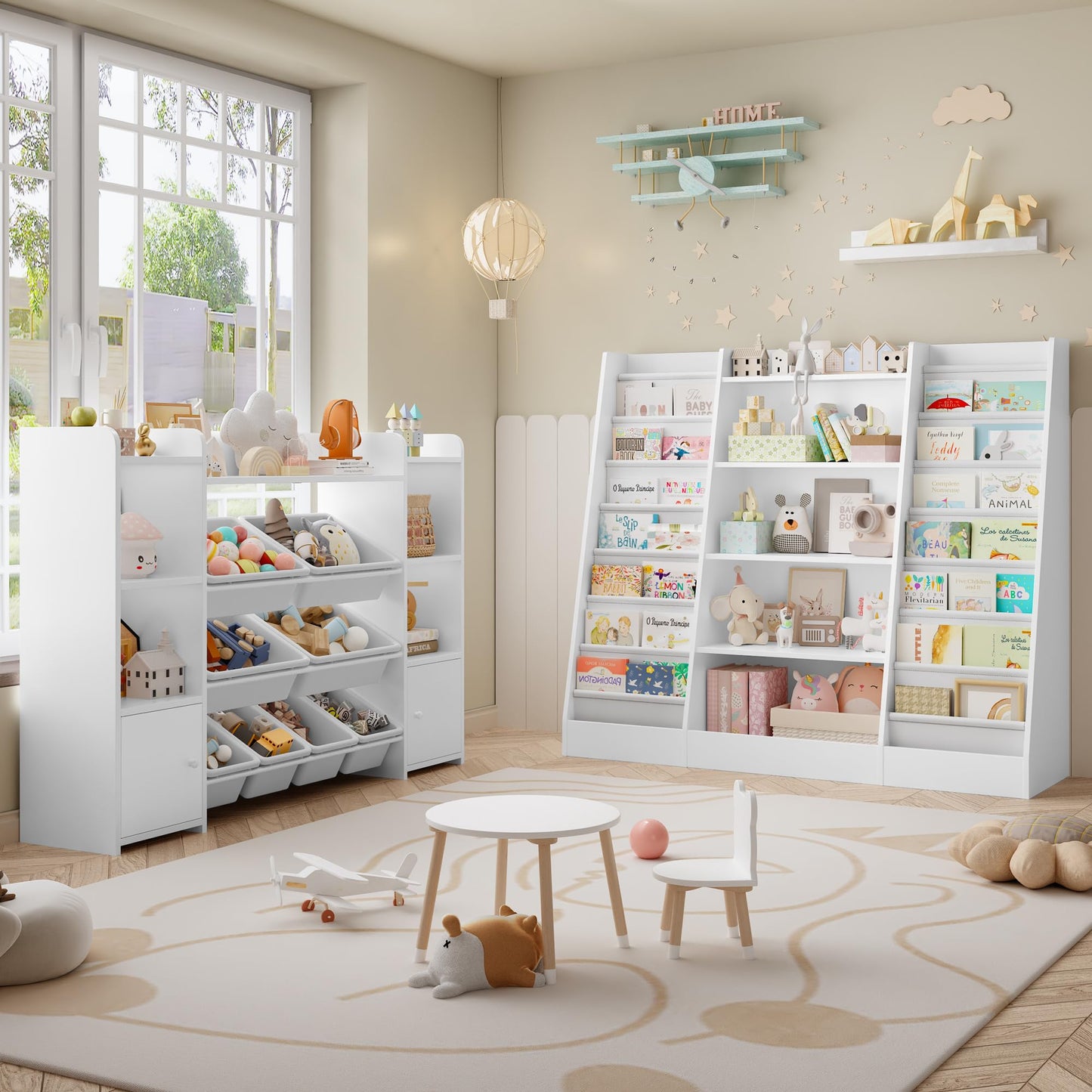 FOREHILL 129 cm Breite Kinderregal, Bücherregal für Kinder mit 14 Ablagen, Kinderzimmer Möbel aus Holz, Spielzeugregal, Regal für Kinderzimmer, Kindergarten, Leseecke, 129 x 120 x 35 cm (weiß)