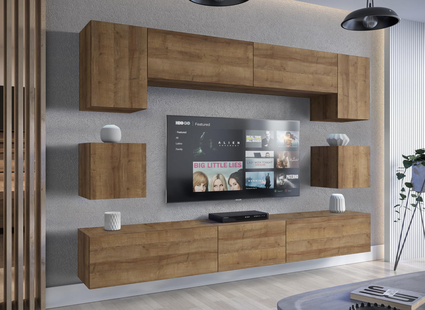 Furnitech Living Room Wall Unit | Hanging Living Room Wall Unit Modern | Living Room Cabinet Wall with Shelves and TV Cabinet | Living Room Furniture without LED (Nowara AN1-17S-M50 1A)