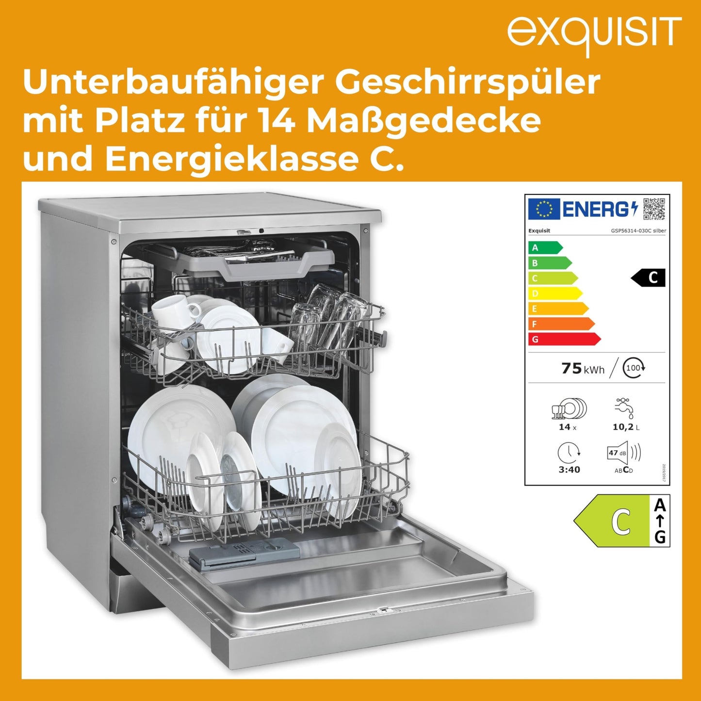 Exquisit PRO GSP56314-030C Dishwasher 60 cm, Undermountable, Energy Efficiency Class: C, 14 Place Settings, Cutlery Drawer, Automatic Door Opening, Delay Start, 11 Litres, Silver