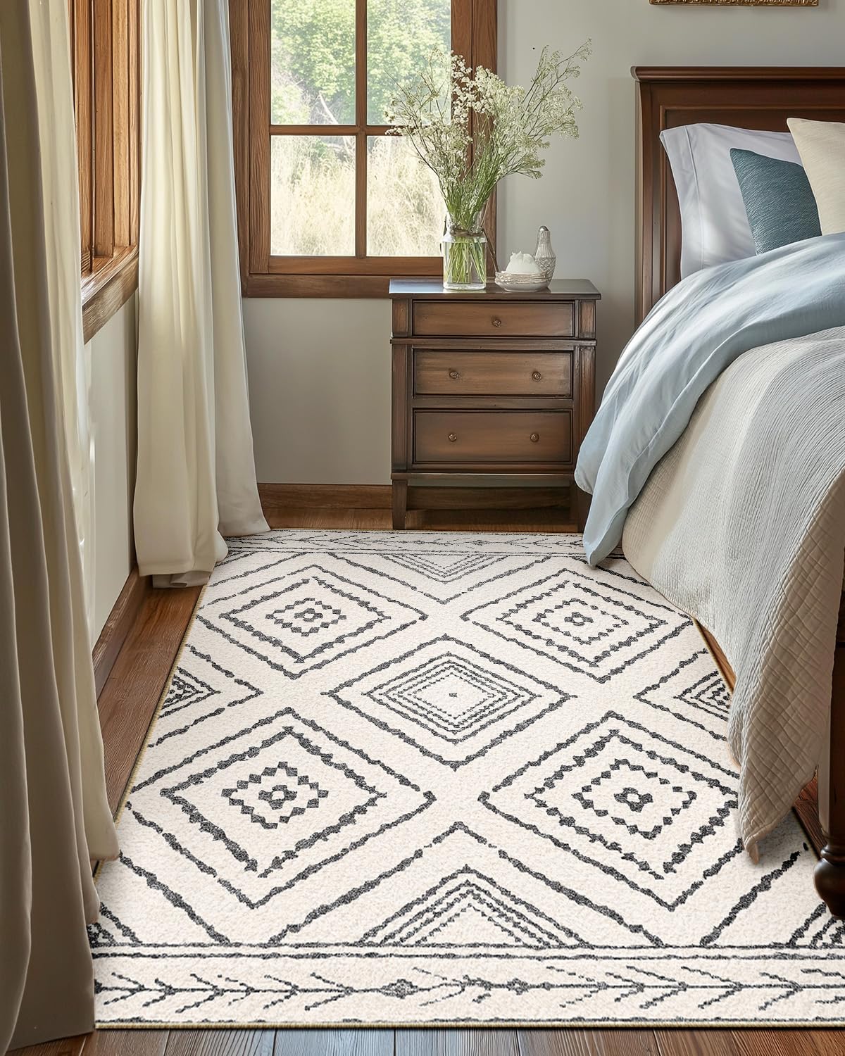 DEFYNEE Teppich Wohnzimmer 120 x 180 cm – Waschbarer Kurzflor Teppich, rutschfest, Vintage & Boho Stil, Pflegeleicht – Für Flur, Wohnzimmer, Schlafzimmer & Esszimmer, Dunkelblau