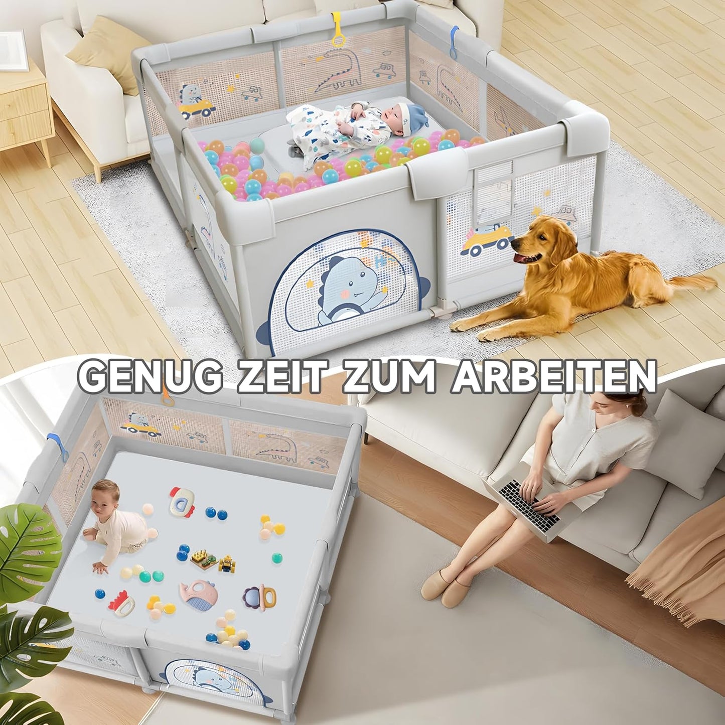 Baby Playpen, 200 x 180 cm, Baby Playpen with Non-Slip Base, Stable and Safe Indoor Baby Playground, Includes 60 Sea Balls, 4 Handles, Playpen, Storage Bag, (Dinosaur Pattern)