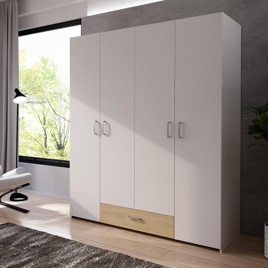 FORTE ECONOBOX Kleiderschrank 160, 4-türiger Schrank mit viel Stauraum, Holzwerkstoff, Weiß/Puccini Eiche, 159,1 cm breit, 190,5 cm hoch, 54,4 cm tief