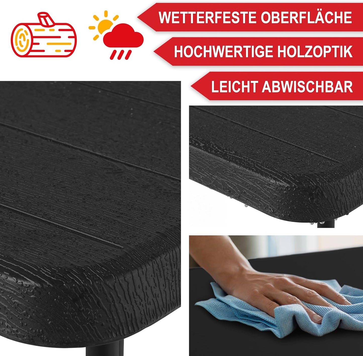 Onbest Bierzeltgarnitur in Holzoptik für 8 Personen – 3 teilig – Tisch mit 2 Bänken im Set – Biertischgarnitur aus robustem Kunststoff – klappbar – Tragegriff – 180 x 74 x 74 cm