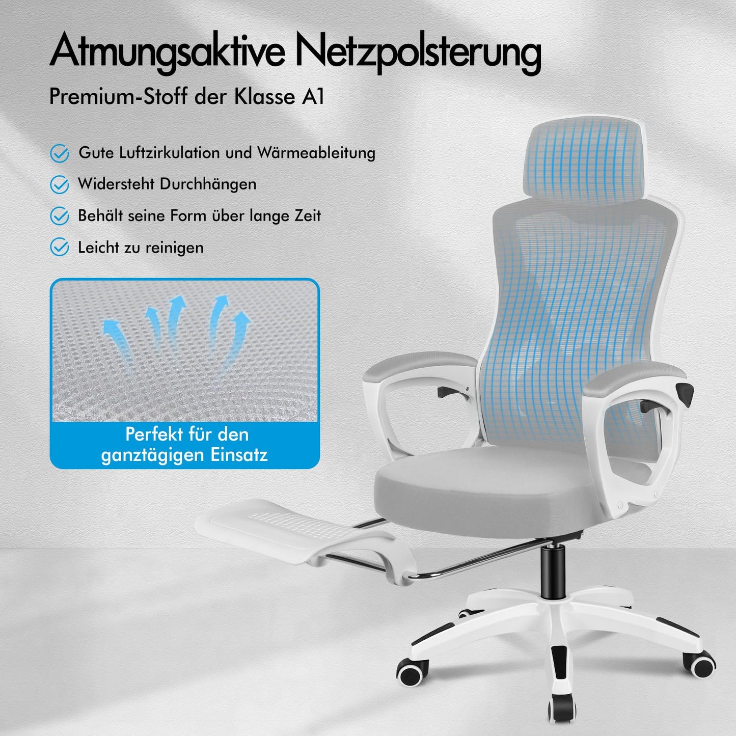 ALFORDSON Bürostuhl, Lendenstütze, Atmungsaktives Netz und Stoff, Hochklappbare/Verstellbare Armlehnen, Hochwertiger Schaumstoff, 180kg für Zuhause & Gaming, Wale, Schwarz