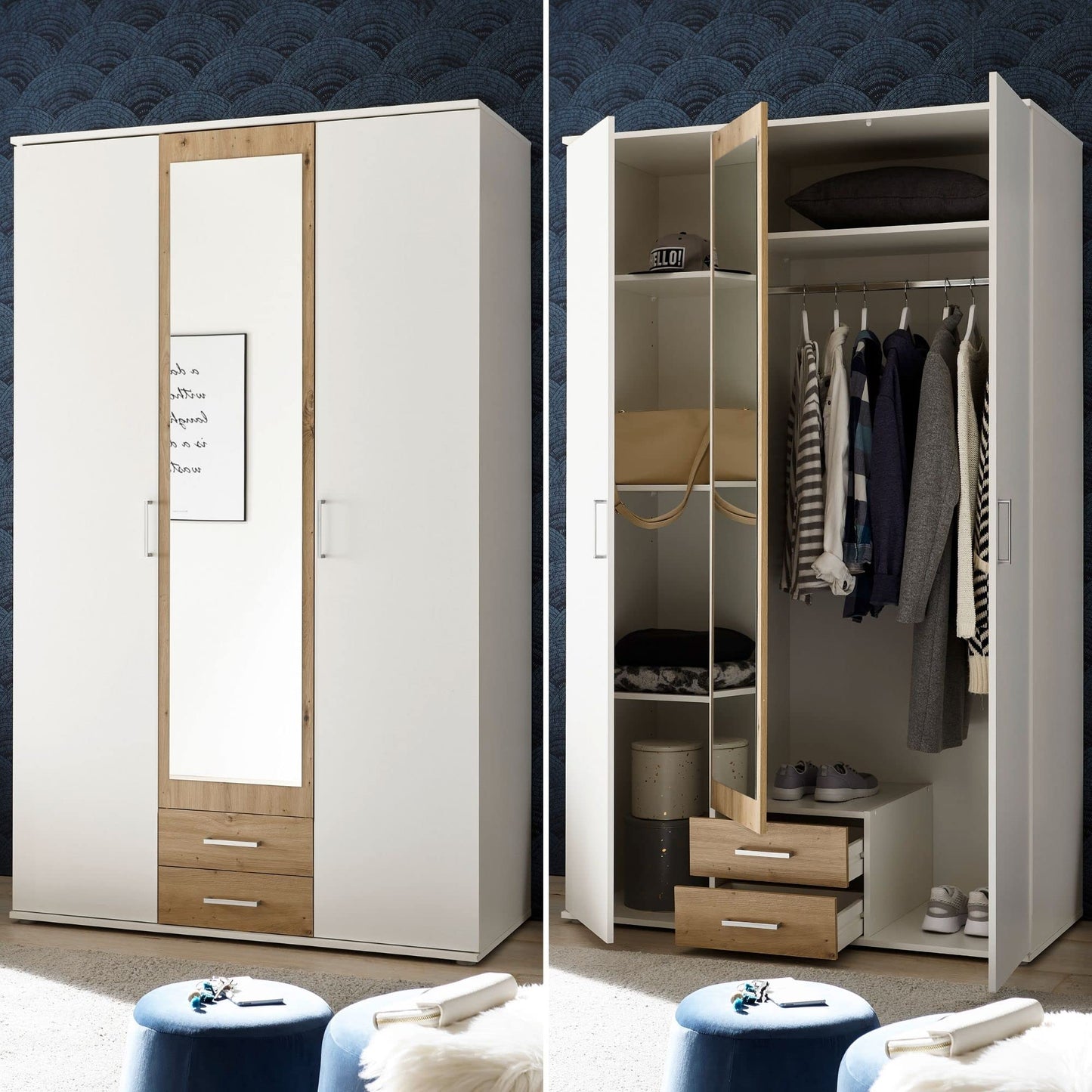 Stella Trading HANAU Wardrobe with Mirror Door in White, Graphite, Versatile Hinged Door Cupboard, 4 Doors for Your Bedroom, 160 x 196 x 54 cm (W x H x D)
