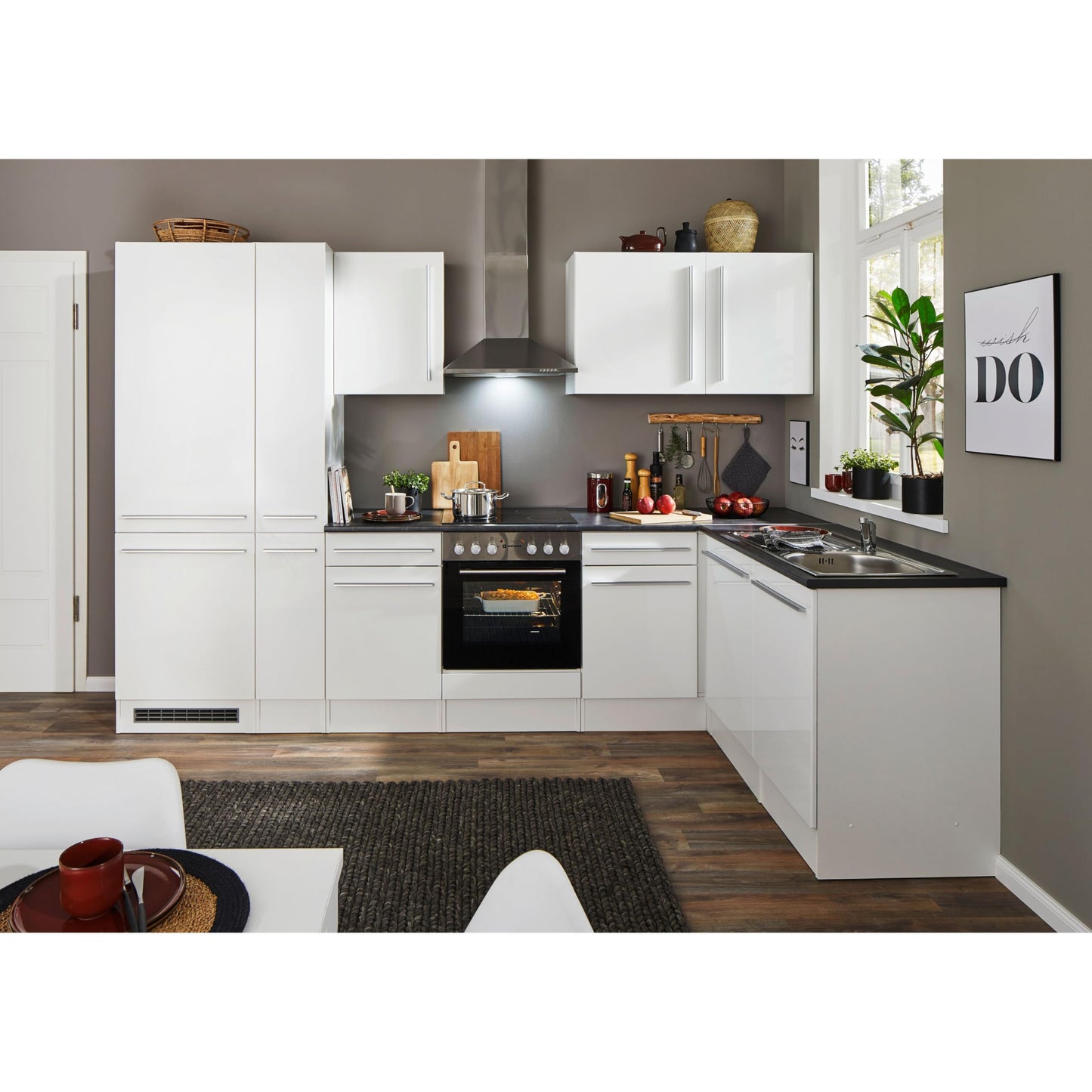 Jazz 8 Modern Corner Kitchen without Electrical Appliances in White High Gloss, Metallic Grey - Spacious Kitchen Unit in L-Shaped with Lots of Storage Space - 220 x 211 x 60 cm (W x H x D)