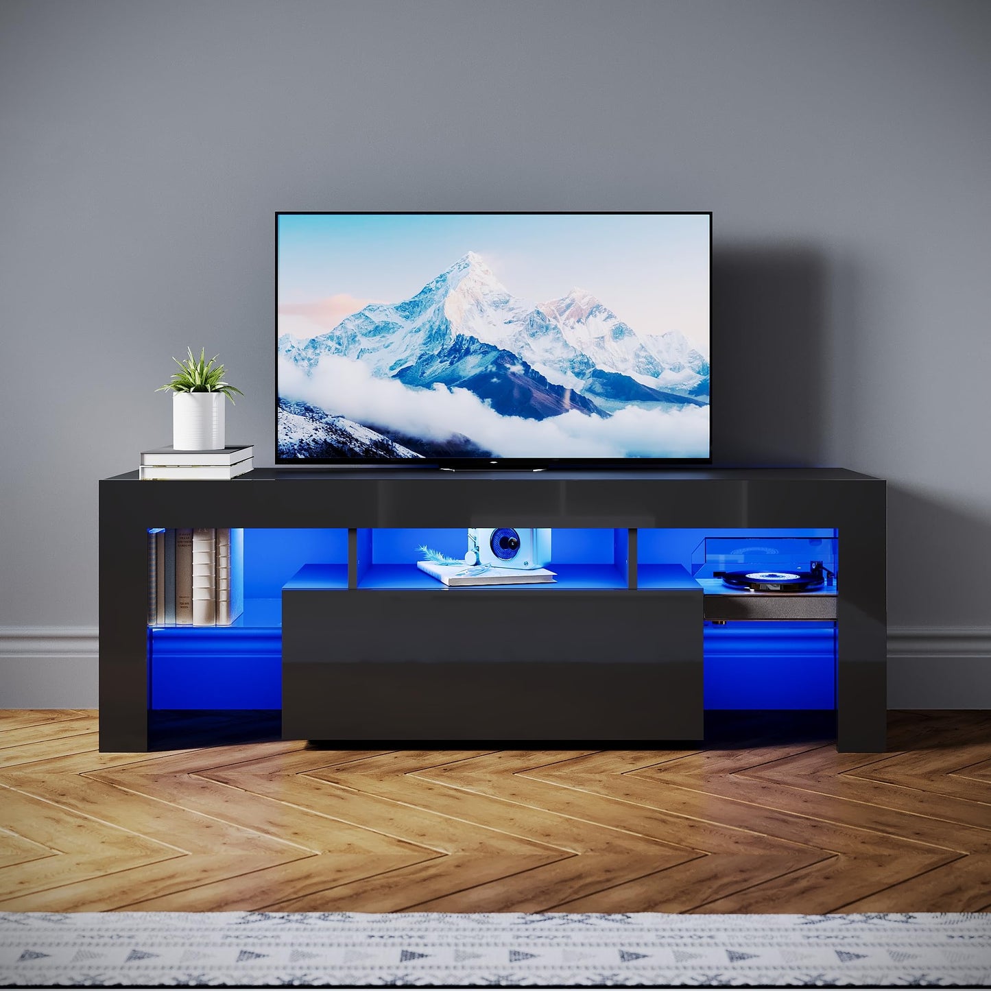 SONNI Modern TV Cabinet 180 cm, Lowboard High Gloss White with 16 Colours LED Lighting, Drawer, Open Glass Shelves, TV Stand for TVs up to 65 Inches, Living Room & Bedroom, 180 x 35 x 45 cm