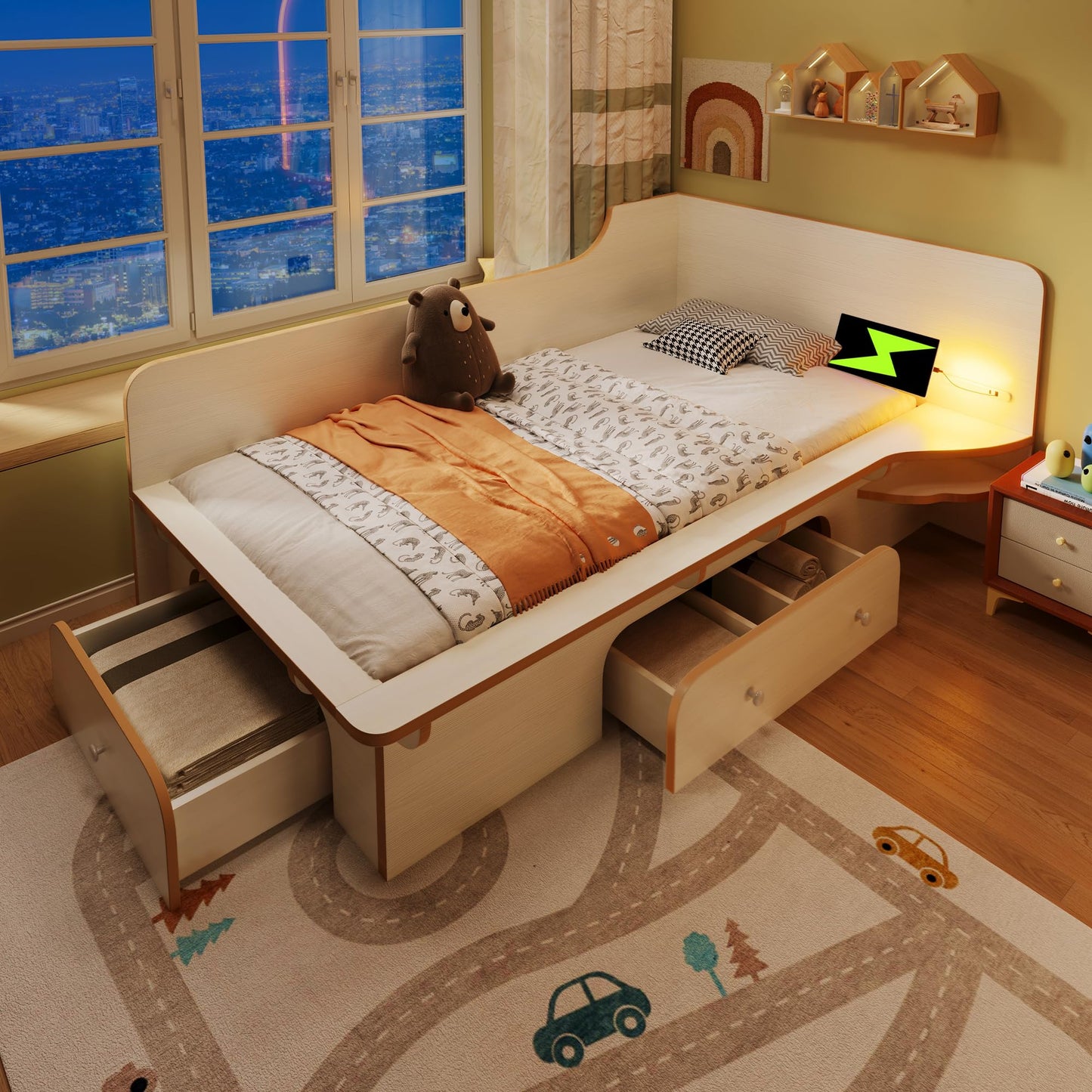 RIAZOS Kinderbett Holzbett 90x200 cm, Massiveholz Einzelbett mit Schreibtisch und Schubladen, Stauraumbett mit Lattenrost, für Jungen & Mädchen, ohne Matratze, Weiß