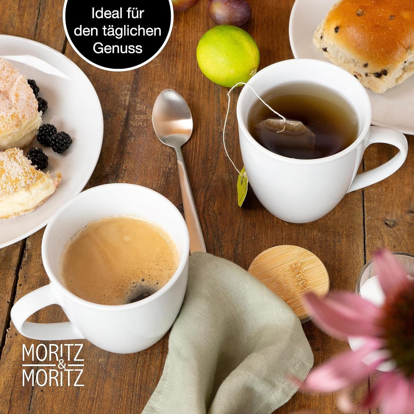 Moritz & Moritz BASIC Kaffeetassen Set 6-teilig - ca. 300ml aus hochwertigem Porzellan in klassischem Weiß - Perfekt für Kaffee, Tee, heiße Schokolade, Cappuccino