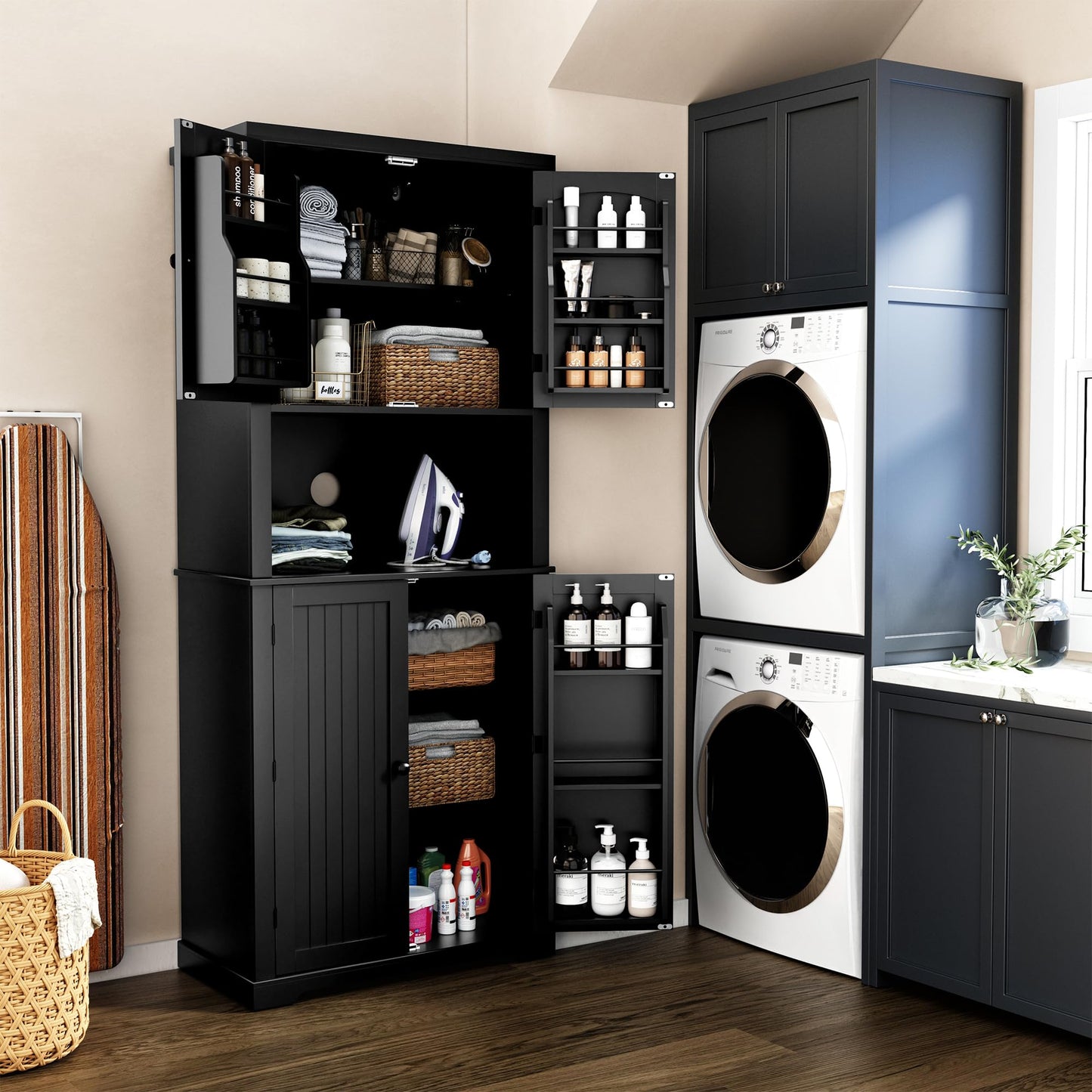 HOLTICO Küchenschrank mit Arbeitsplatte, Hochschrank Küchenbuffet Buffetschrank, Esszimmerschrank, Speisekammer mit Türen und Regalen für Esszimmer, Wohnzimmer, Waschküche,Schwarz