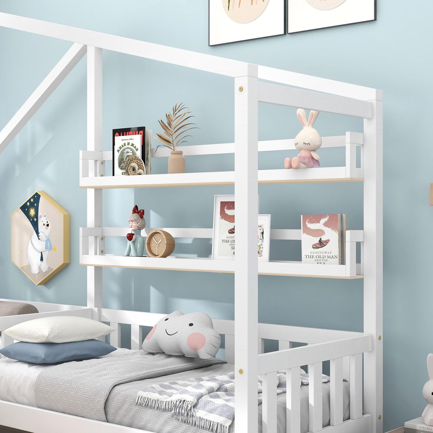 Merax Hausbett 90x200 cm mit 2 Schubladen, für 2 Kinder Doppelbett, Vielseitiges Holz Baumhausbett für Mädchen & Jungen, Stabil Spielbett Gitterbett mit Rausfallschutz und Lattenrost, Weiß