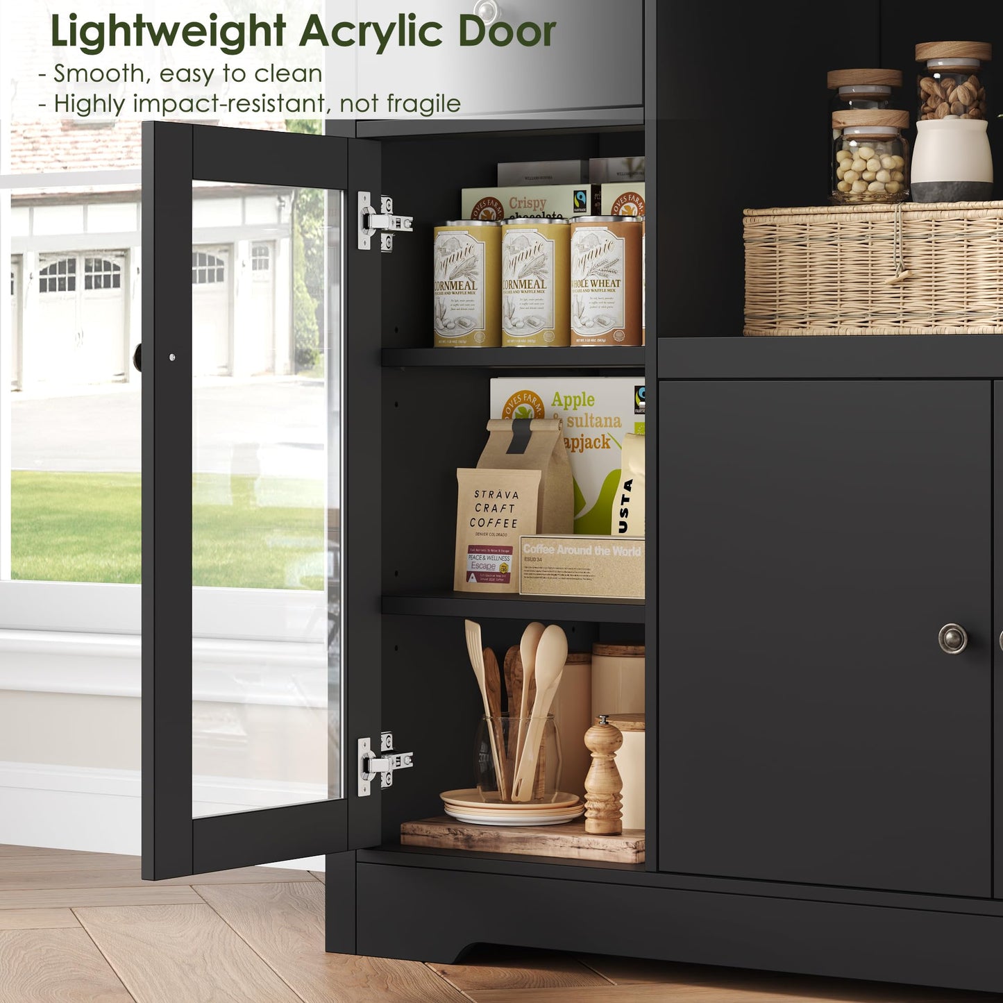 HOCSOK Kitchen Cabinet with Worktop, Sideboard Kitchen with Microwave Shelf, Buffet Cabinet with 1 Drawer, 3 Doors, Adjustable Shelves, for Kitchen, Dining Room, Living Room, Black