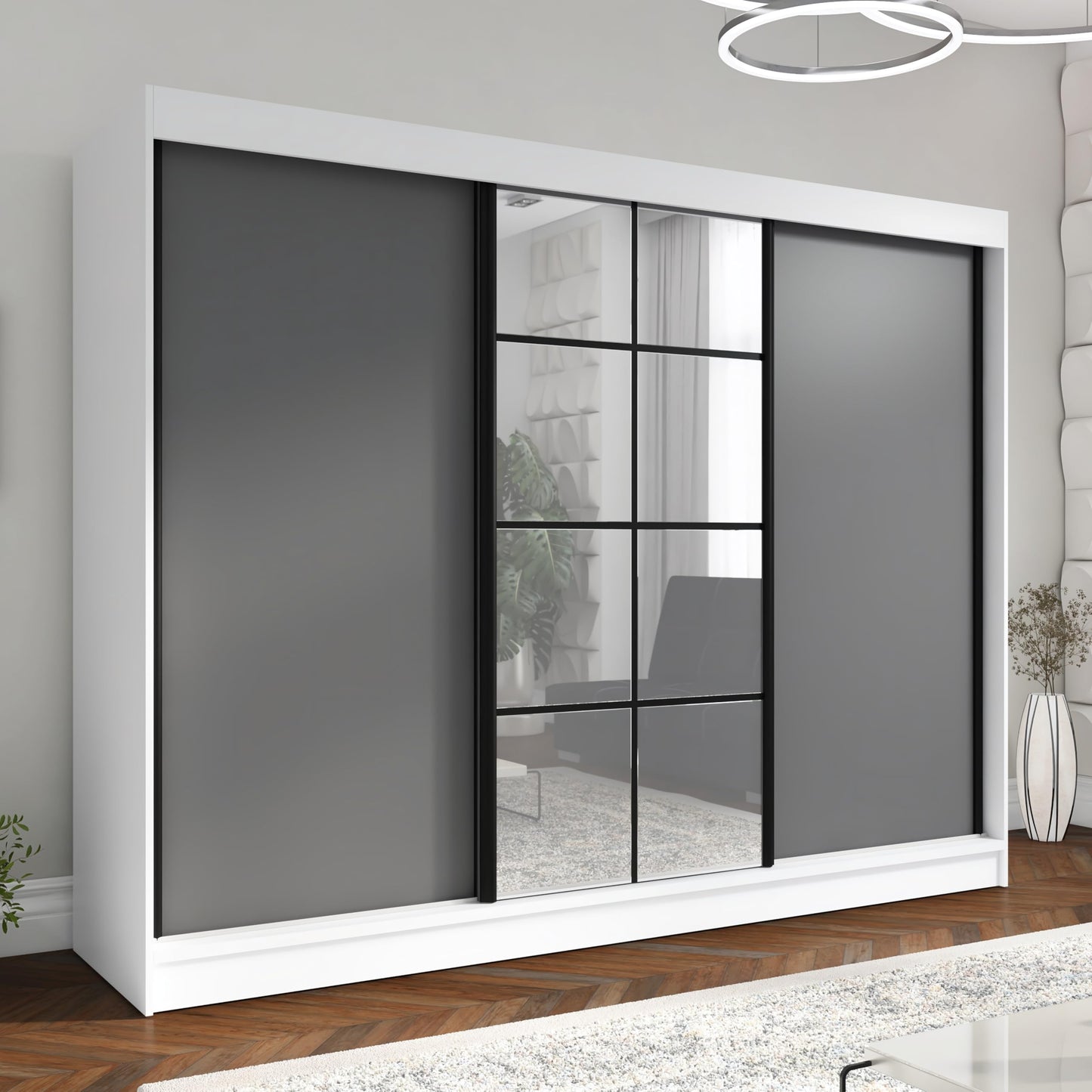 A&J MöbelLand Oravelle Sliding Door Wardrobe 3 Doors with Drawers and Mirror 200 cm (Black)