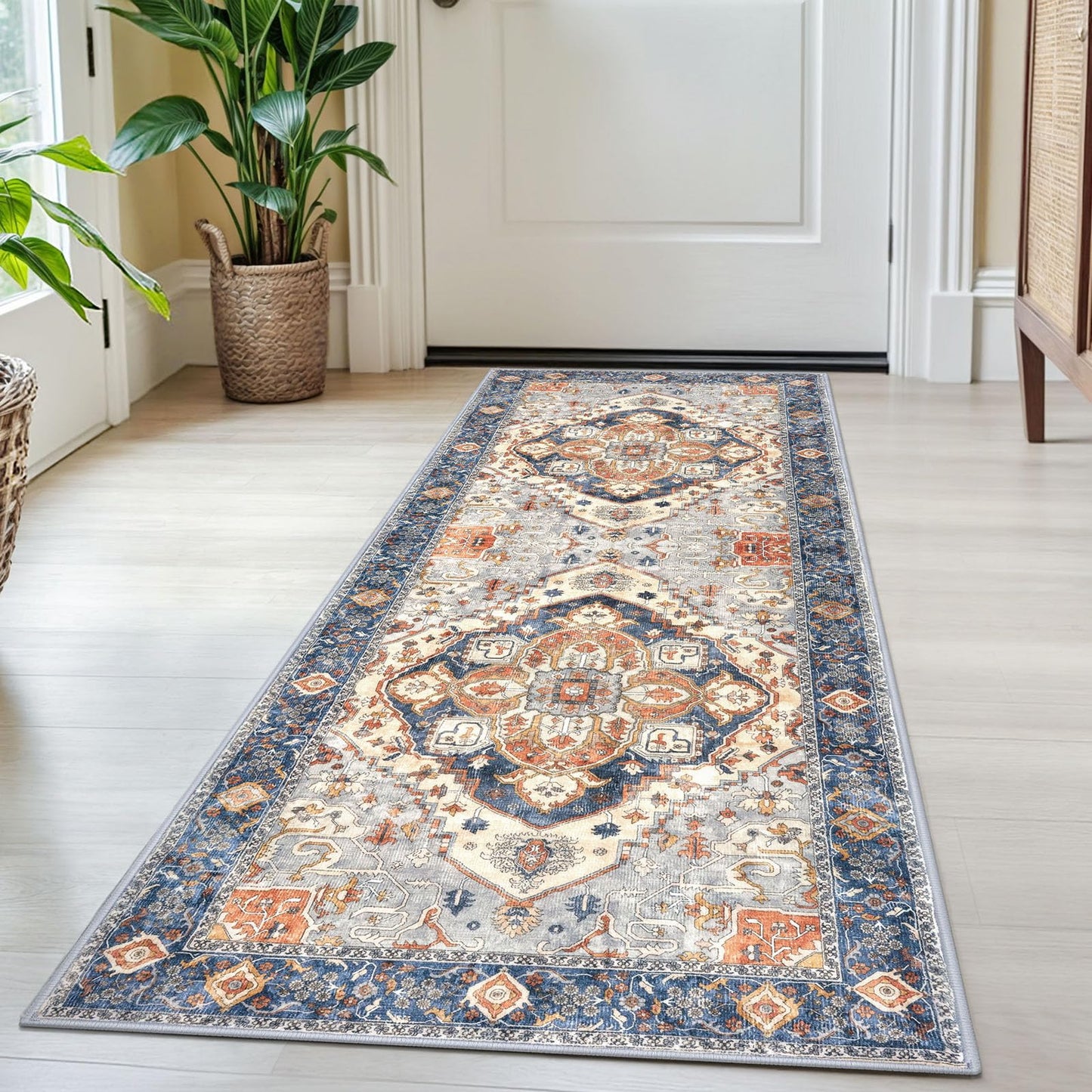2x3 Blue Washable Rug for Entrance, Soft Traditional Area Rug, Non-Slip Printed Kitchen Rugs, Low-Pile Medallion Indoor Door Mat, Small Farmhouse Carpet for Entryway Kitchen Foyer Bedside
