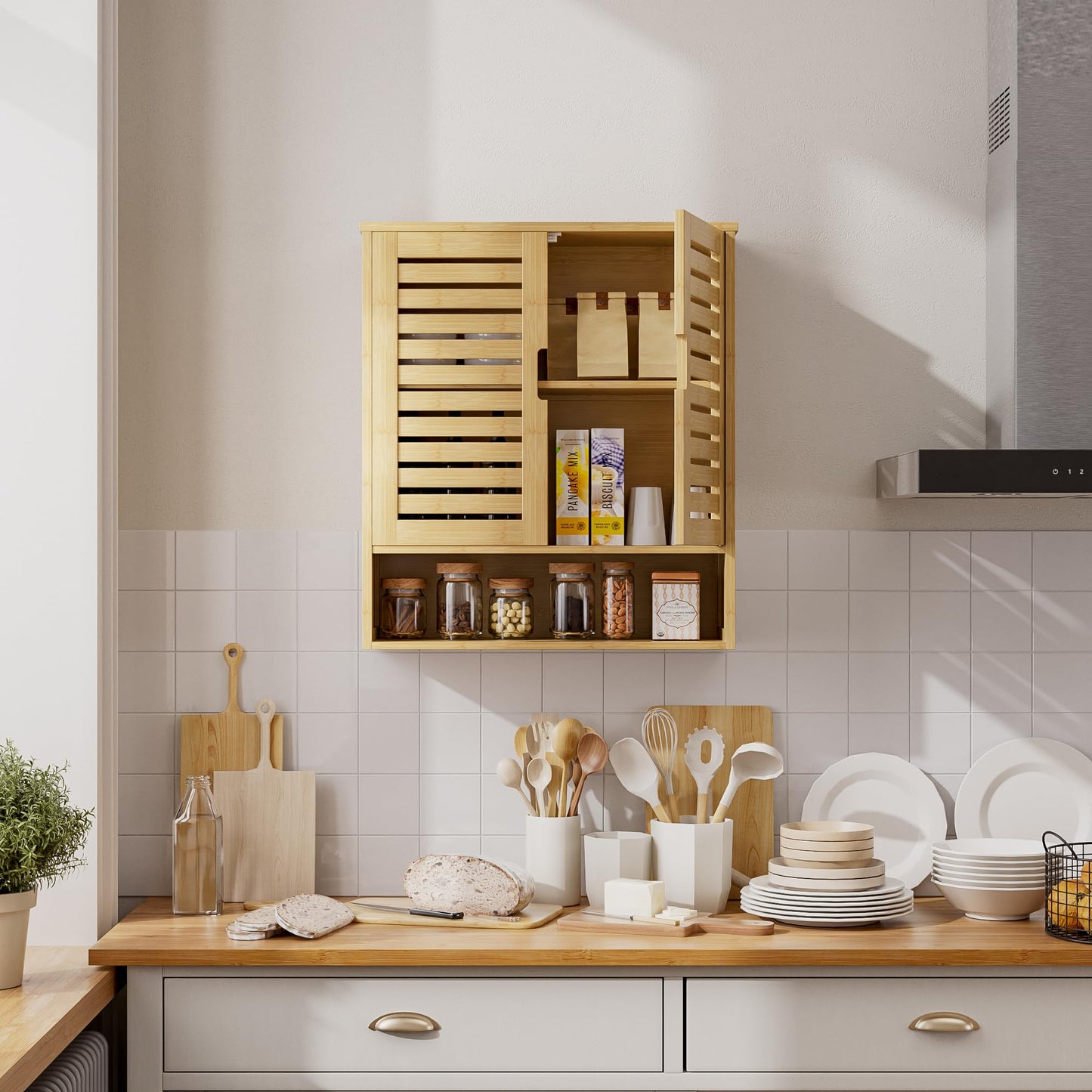 SMIBUY Bathroom Cabinet, Wall Mounted, Bamboo Over the Toilet Storage Organiser, Space Saving Medicine Cabinet with 2 Doors and Adjustable Shelves (Black)