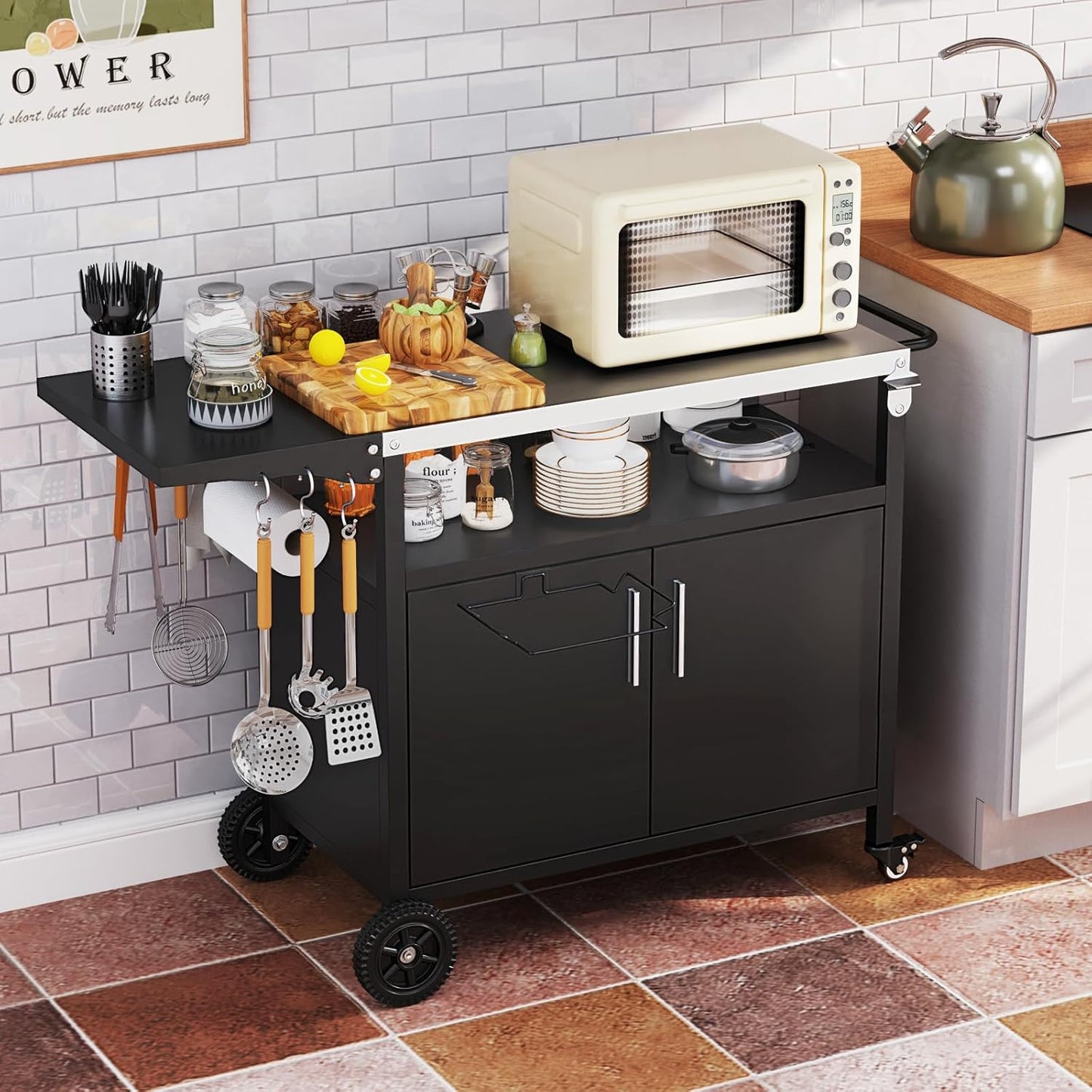 KOMFOTTEU BBQ Trolley with Stainless Steel Worktop, Serving Trolley with Folding Tabletop, Grill Table with Cabinet, 6 Hooks, Garbage Bag Holder & Handle, for Picnic, Party, 127 x 50 x 84 cm