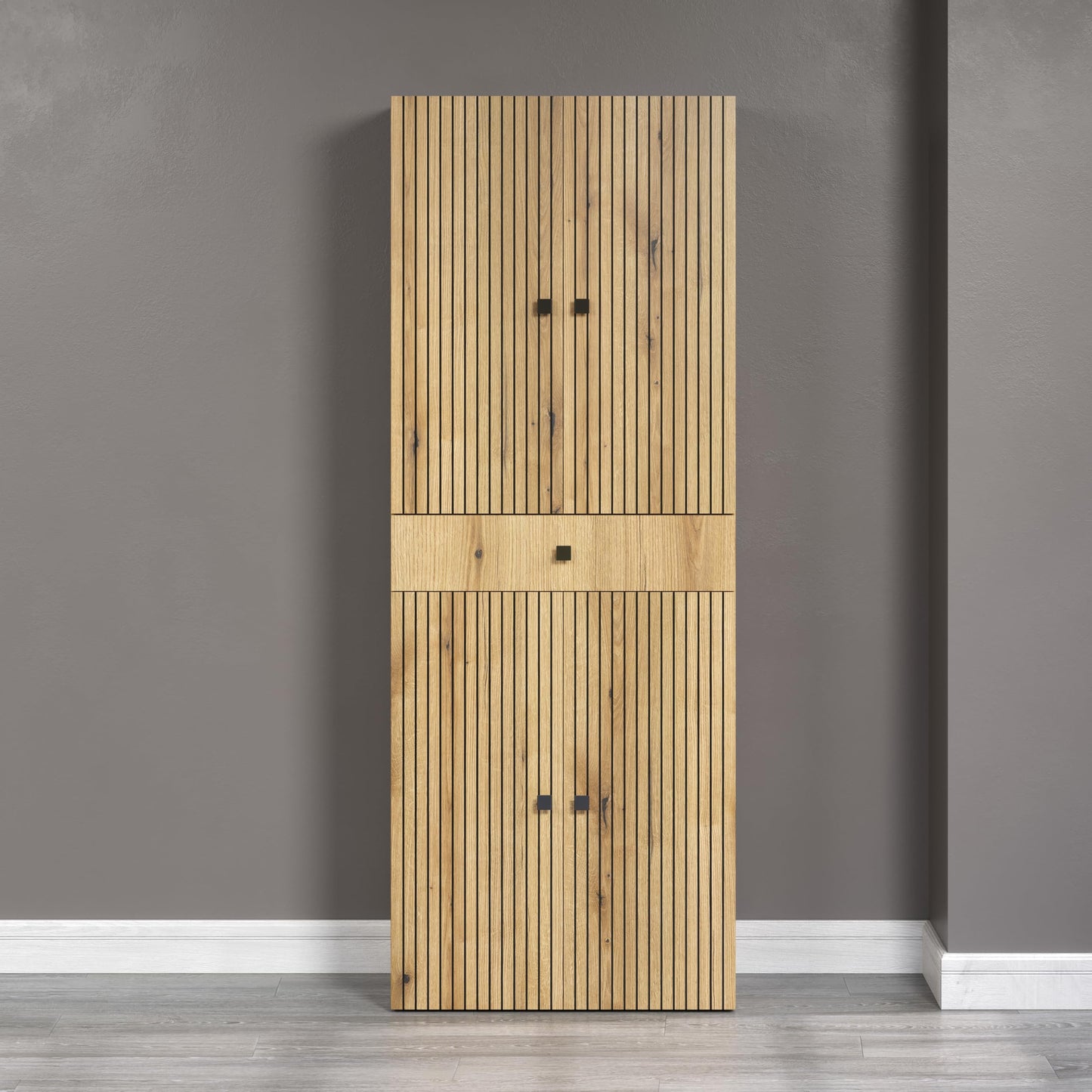 trendteam smart living - PureBliss - Hochschrank - Eiche - Badezimmerschrank in moderner Rillenoptik - edle Metallgriffe - (BxHxT) 40 x 186 x 31 cm - 2 praktische Einlegeböden - kratzfest