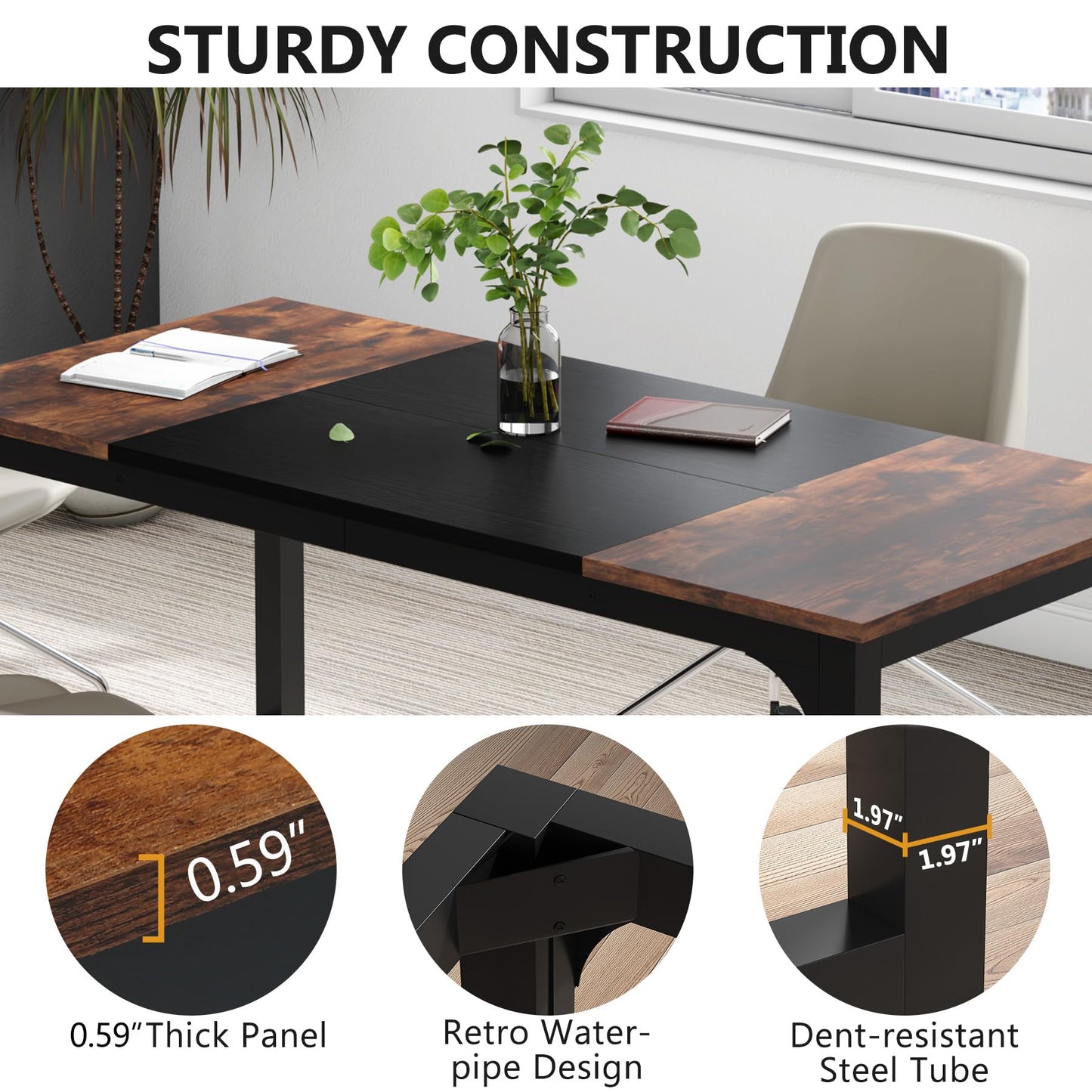 Tribesigns Schreibtisch Computertisch, PC Tisch Bürotisch Arbeitstisch Esstisch in Schwarz für Home Office zu Hause Schreibtische, Konferenztisch (Rustikales Braun/Schwarz, 180 x 80 x 75 cm)