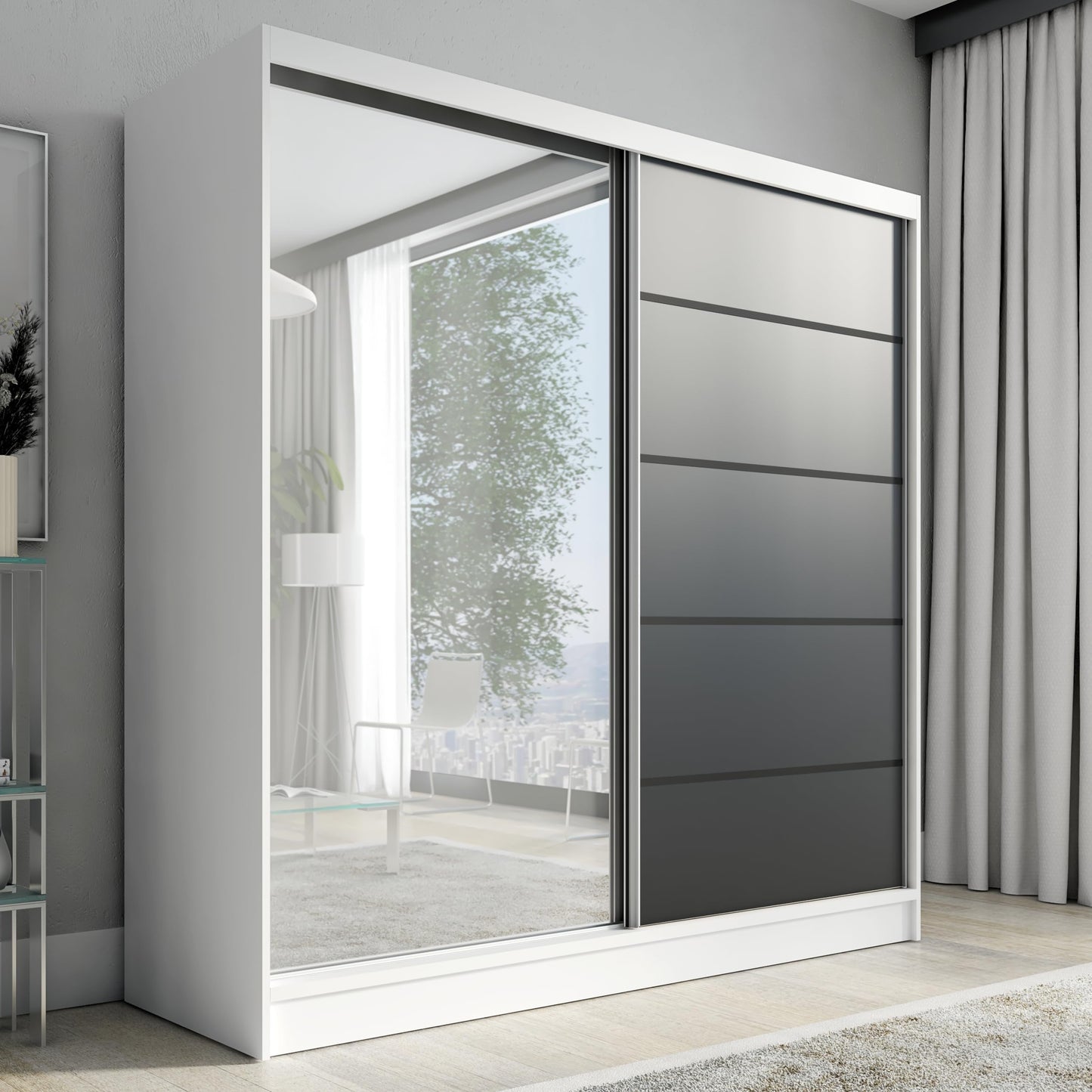 A&J MöbelLand Schwebetürenschrank mit Spiegel, 200 cm, 2 Türen, Schwarz (Schwarz)
