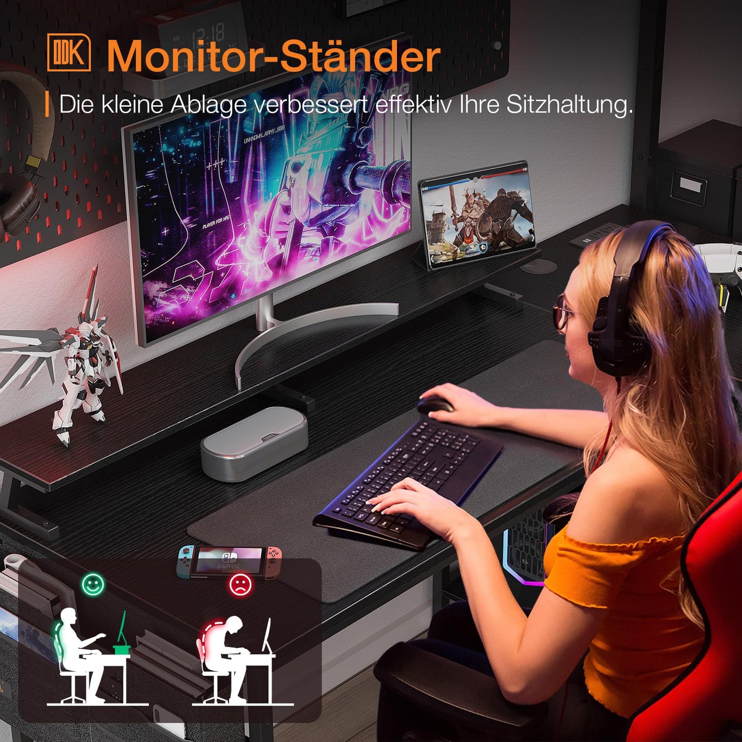 ODK Corner Desk with 4 Fabric Drawers, 140 x 80 cm, Desk L Shape Reversible with USB Charging Port and Socket, L Shaped Desk with Monitor Shelf for Home Office, White