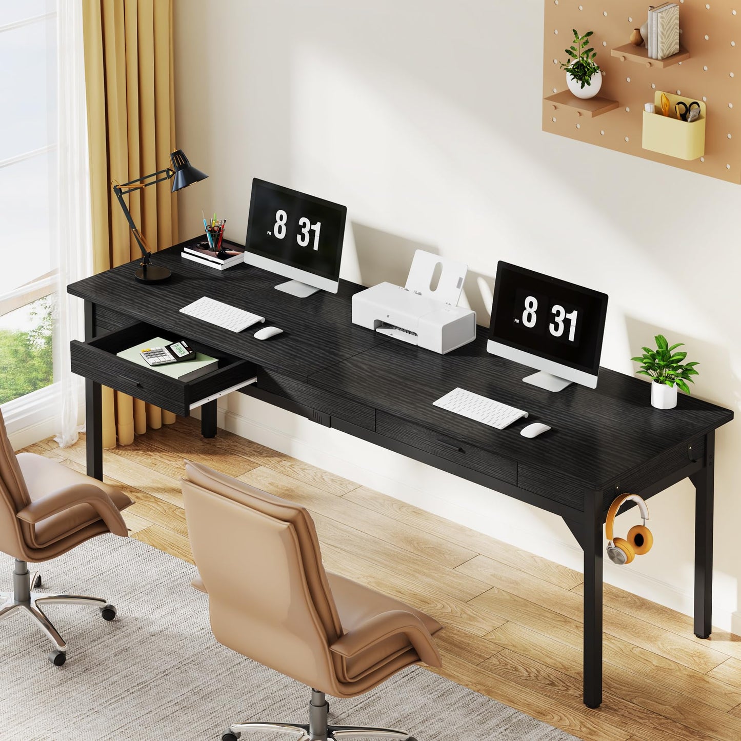Tribesigns Schreibtisch Computertisch 200 x 60 x 82 cm, Doppelter Langer Schreibtisch mit 2 Schubladen, PC Tisch Bürotisch Arbeitstisch Esstisch Büro-Möbel Computertisch für Home Office, Braun