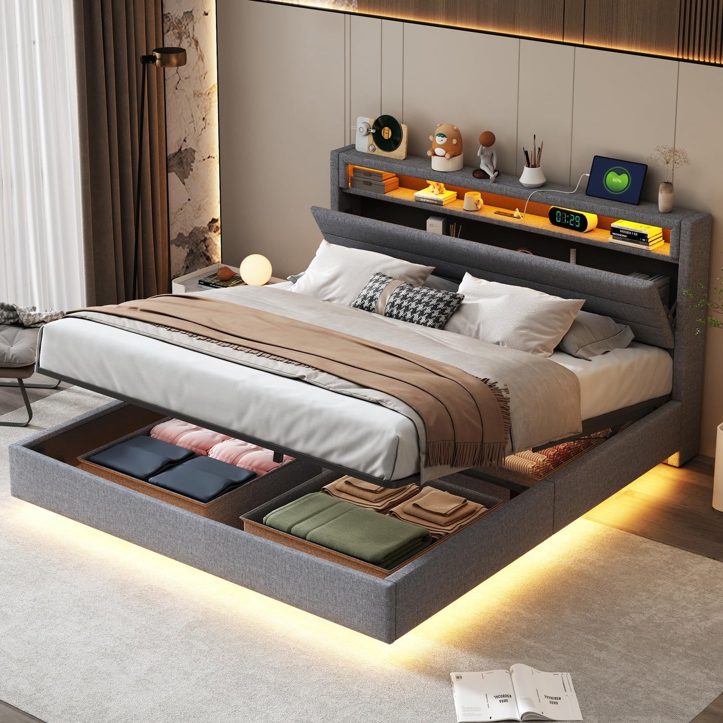 LAKFEW Upholstered Bed 140 x 200 cm, Double Bed Functional Bed with USB Socket and LED Lighting, Hanging Bed Headboard with Concealed Storage Space, Bed Frame Bed with Slatted Frame, Linen, Without