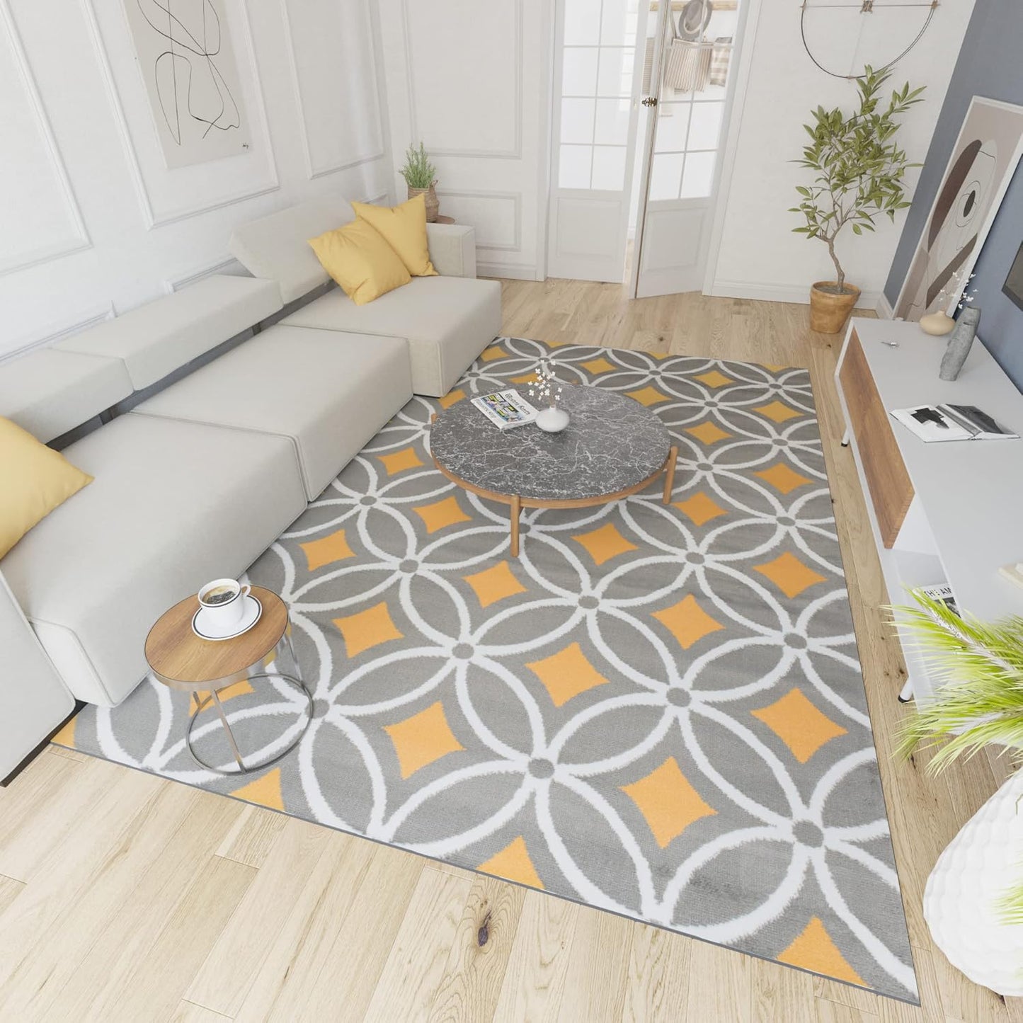 Mazovia Modern Rug, Short Pile, Oeko-Tex Rug for Living Room, Bedroom, Dining Room, Robust and Easy to Clean, Low Pile Height, Grey Yellow, 250 x 350 cm