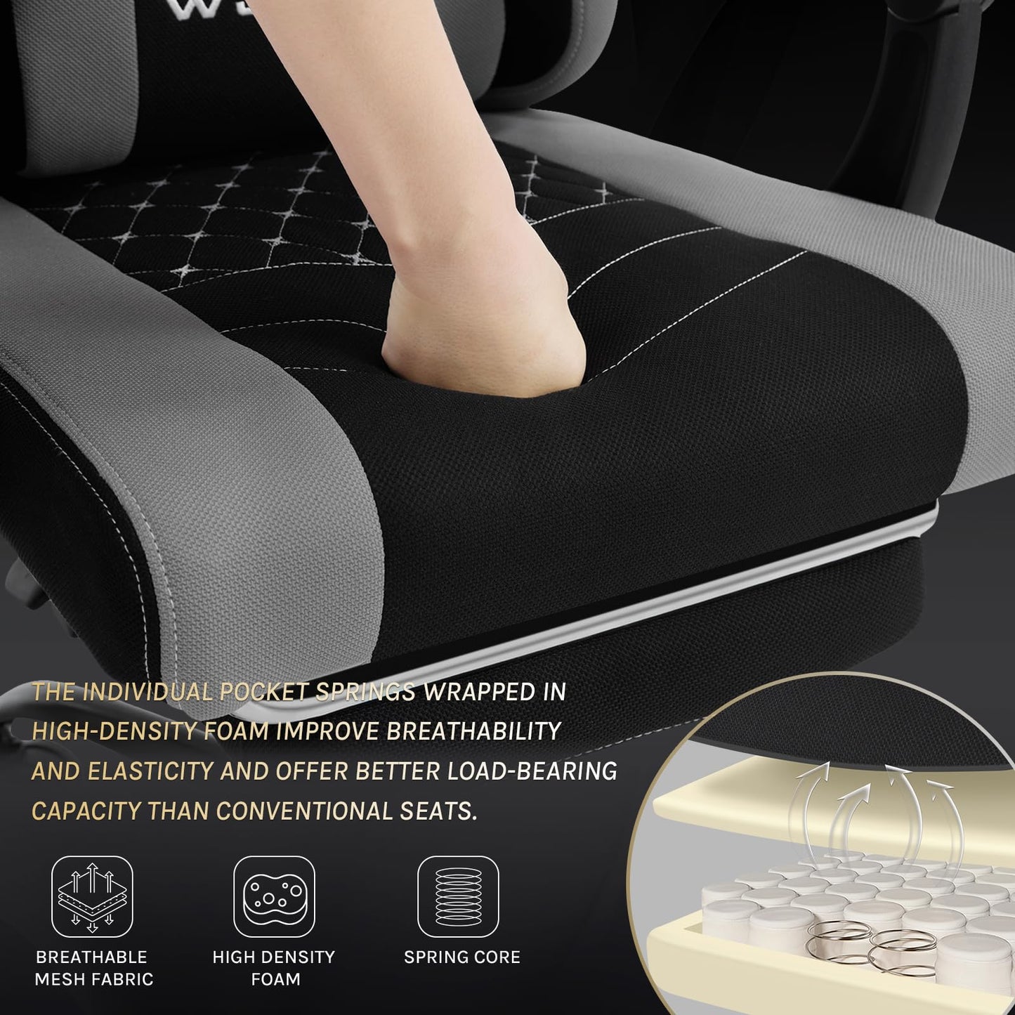 WOLTU Gaming Stuhl mit Massagefunktion, Computerstuhl Ergonomisch, Taschenfederkissen, Lendenmassage, Kopfkissen, Fußstütze, Drehstuhl, 150 kg, Netzstoff, Rosa+Weiß