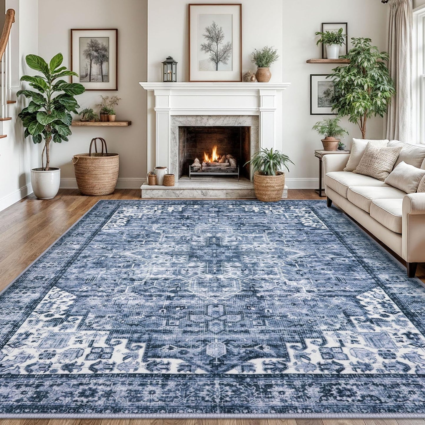 2x3 Blue Washable Rug for Entrance, Soft Traditional Area Rug, Non-Slip Printed Kitchen Rugs, Low-Pile Medallion Indoor Door Mat, Small Farmhouse Carpet for Entryway Kitchen Foyer Bedside