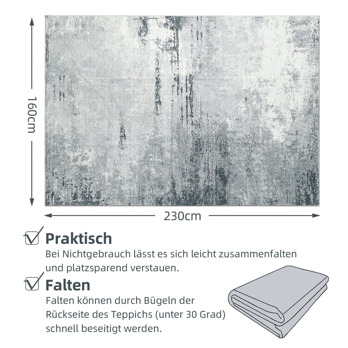 Guchuang Bedding Living Room Rug 140 x 200 cm, Grey Green Rug Vintage Mottled Smudged Design Short Pile Rugs, Washable Non-Slip Rugs for Bedroom