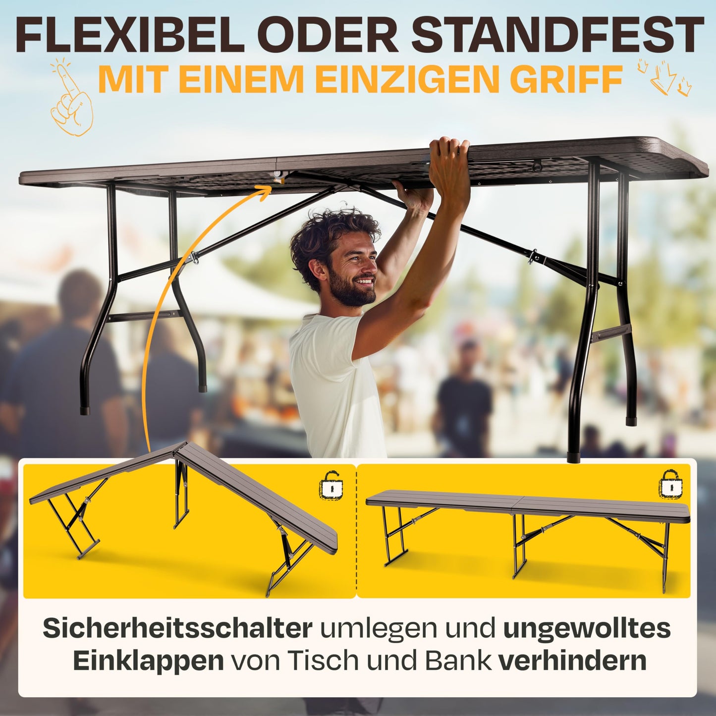 Ondis24 Biertischgarnitur Lisa Campingtisch 2X Bierbank 1x Biertisch Sitzbank klappbar Bierzeltgarnitur 3tlg. einfach transportabel (Braun, XL)