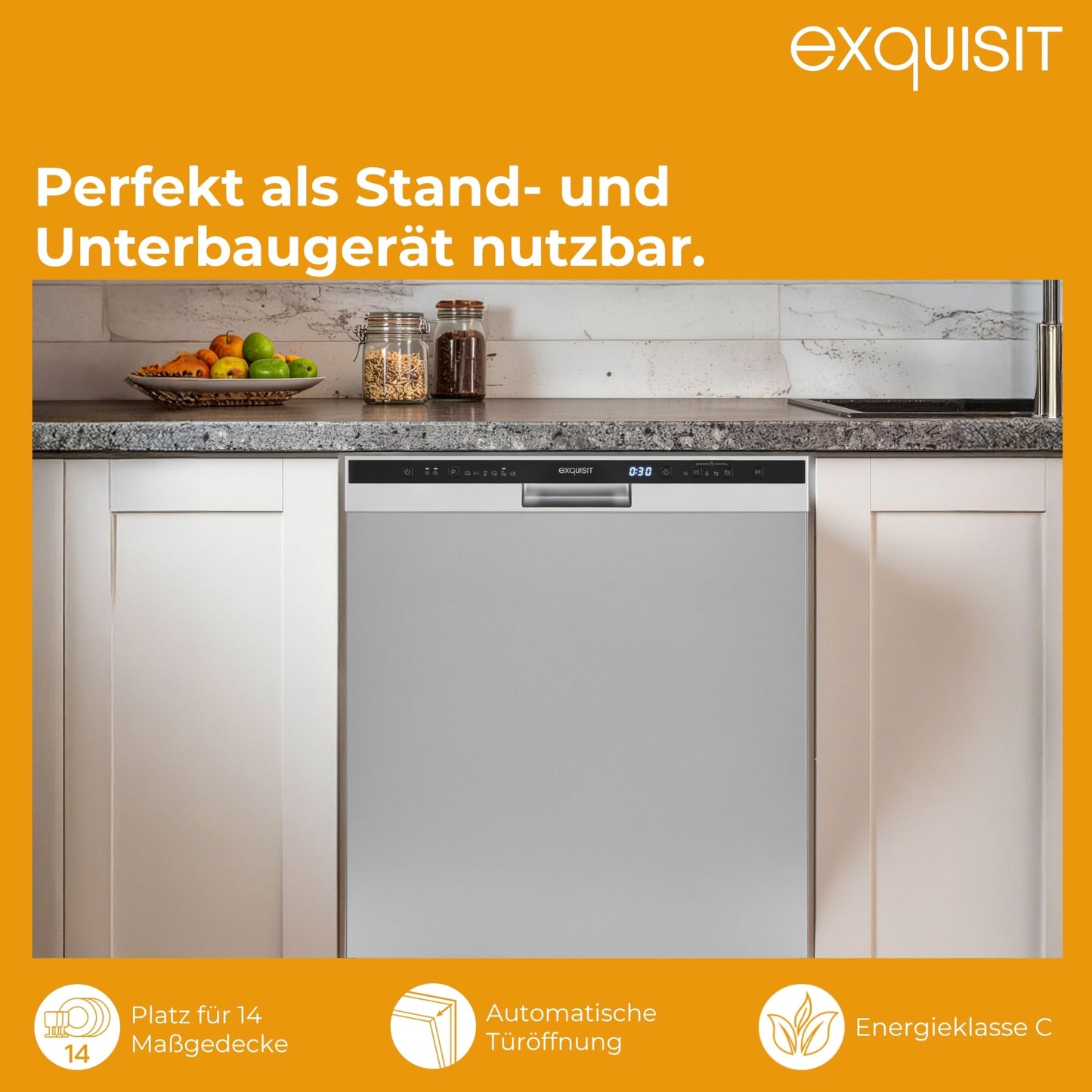 Exquisit PRO GSP56314-030C Dishwasher 60 cm, Undermountable, Energy Efficiency Class: C, 14 Place Settings, Cutlery Drawer, Automatic Door Opening, Delay Start, 11 Litres, Silver
