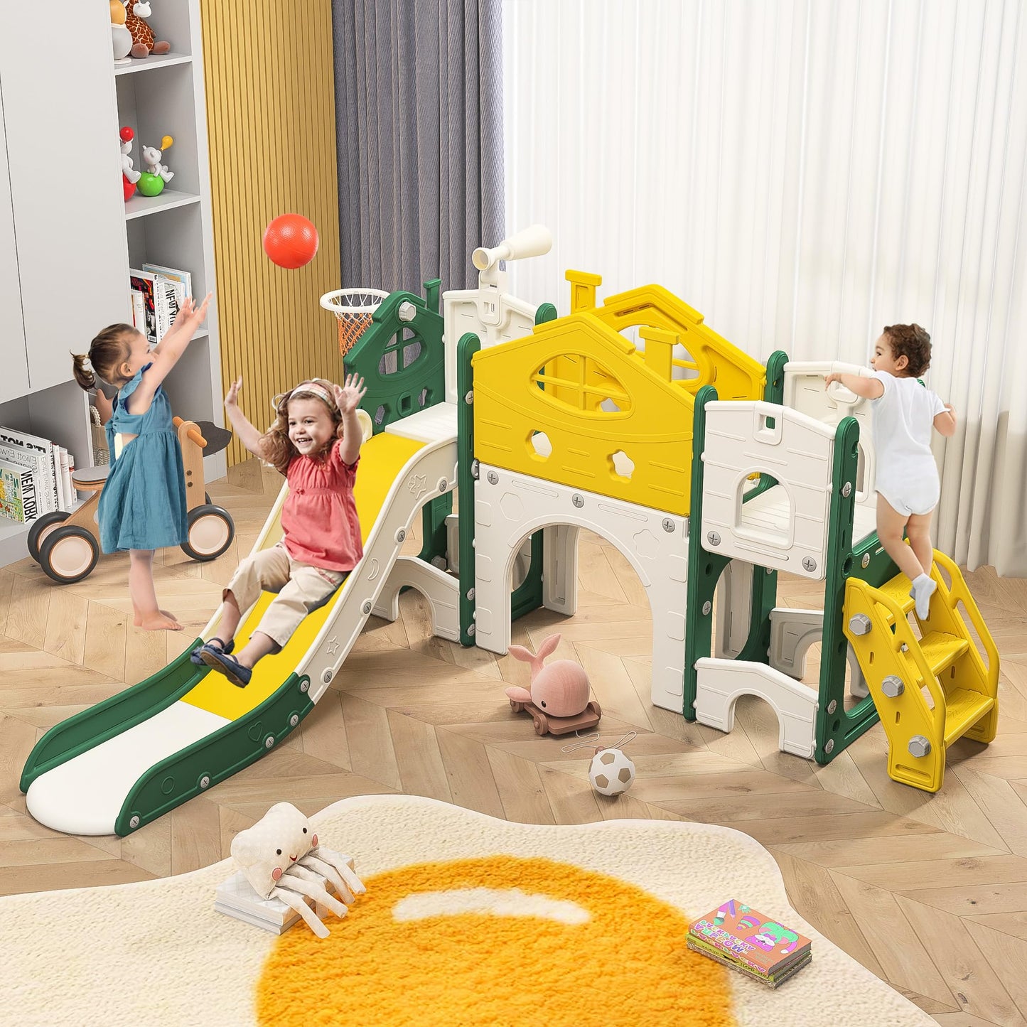 Kinderrutsche, Babyschaukel, 4 in 1, mit Schaukeln, Treppen, Gleiten, Basketballgestellen, Spielplatz für drinnen und draußen, multifunktionale Rutsche (Rosa, Kaninchen)