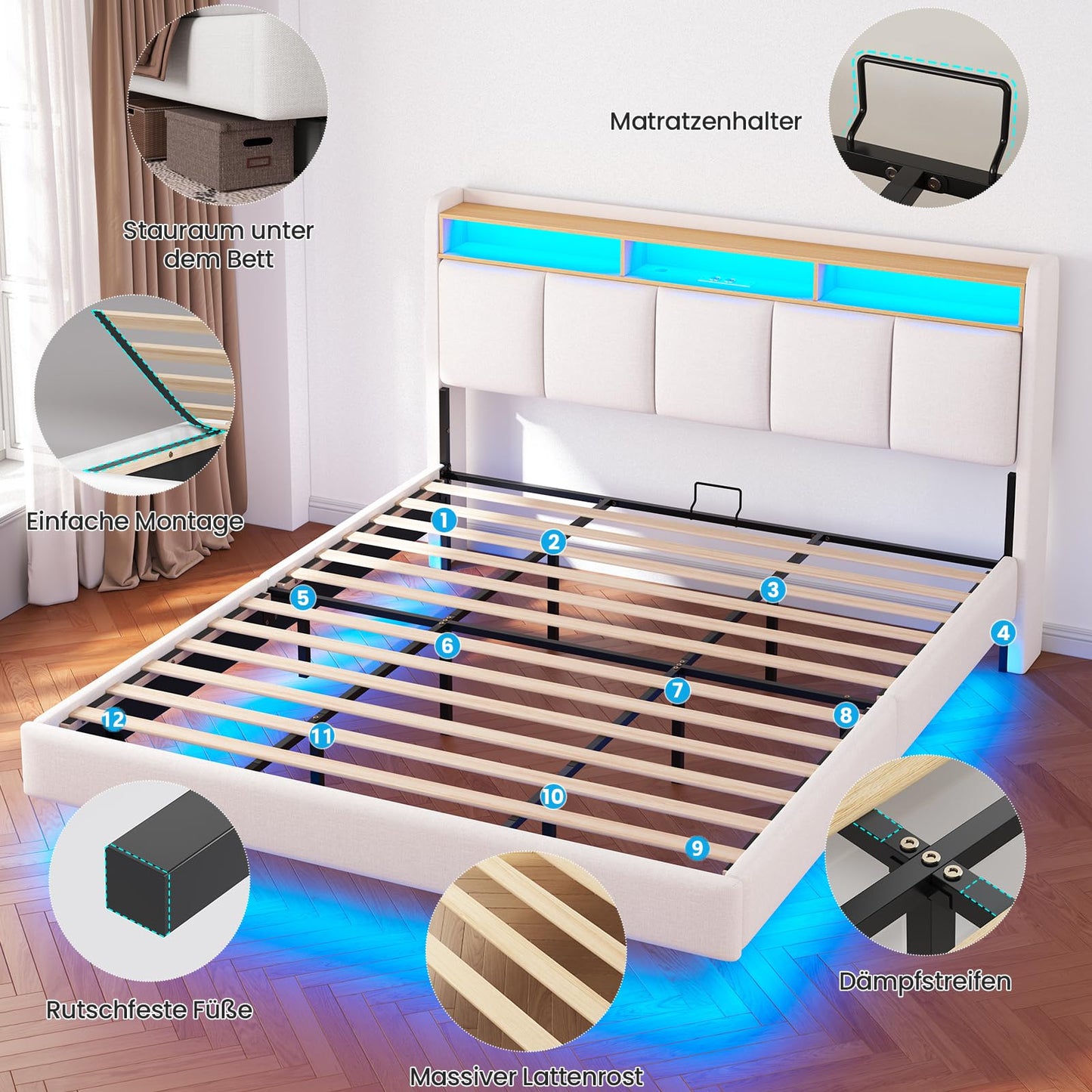 Brinlawb Upholstered Bed 140 x 200 cm Floating Bed with LED Lighting, Headboard and Charging Station (2 AC Sockets, 2 USB Ports), Bed 140 x 200 cm with Storage Space, Modern Double Bed with Slatted