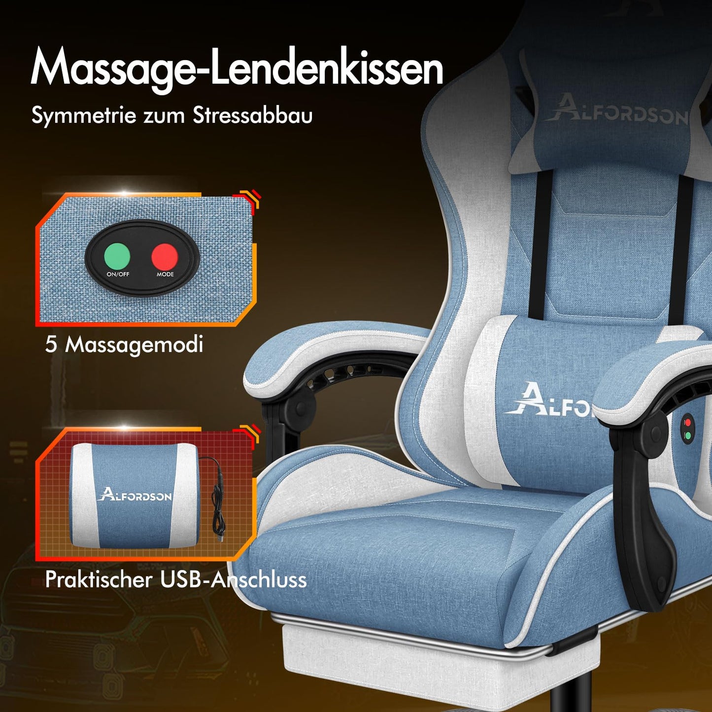 ALFORDSON Gaming-Stuhl mit Massage-Lendenwirbelkissen, ergonomischer Gamer-Racer-Stuhl mit Verstellbarer Rückenlehne, Drehstuhl mit Fußstütze, höhenverstellbar, Schwarz