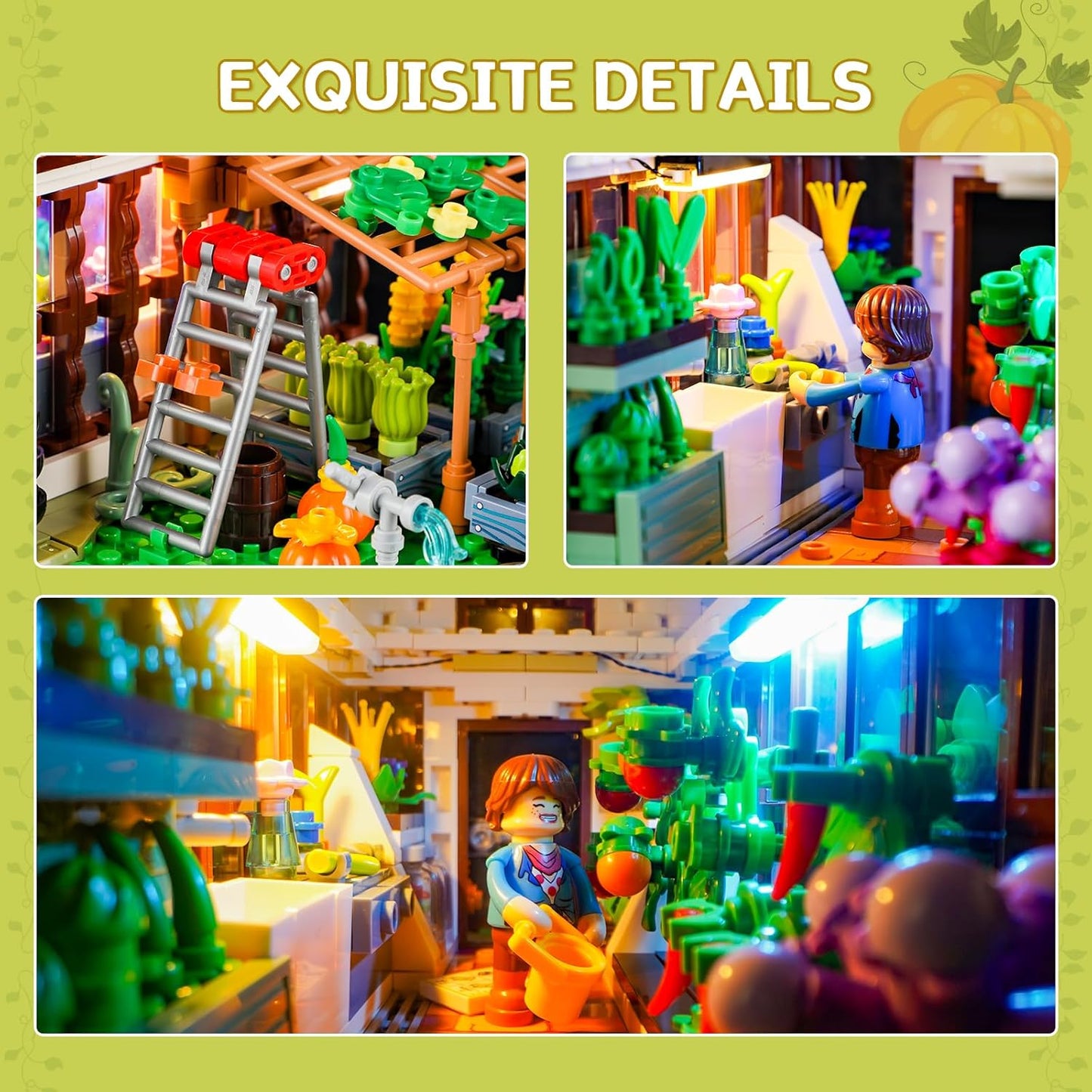 FUNWHOLE Botanical Greenhouse Illuminated Building Block Set - Farm Flower House with LED Light, Modular Model Kit, 1428 Pieces for Adults and Teenagers Who Love Flowers and Plants