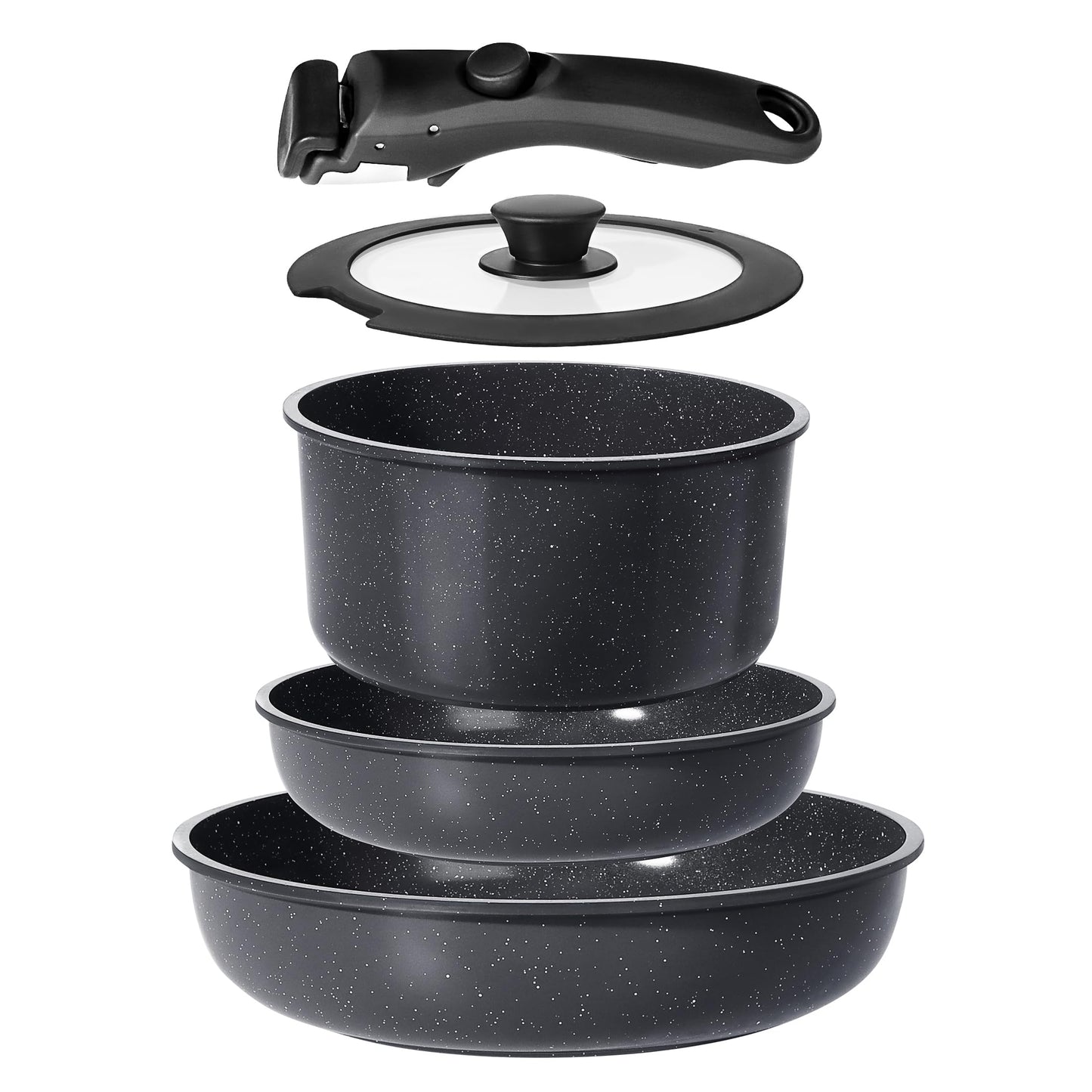GiPP Keramik Topfset mit Abnehmbarer Griff, 5-Teilig Topf und Pfannenset mit Antihaft Beschichtet, Topfset Induktion Kochtopf Set, Backofenfest, für Alle Herdarten, PTFE/PFOA-frei, Schwarz