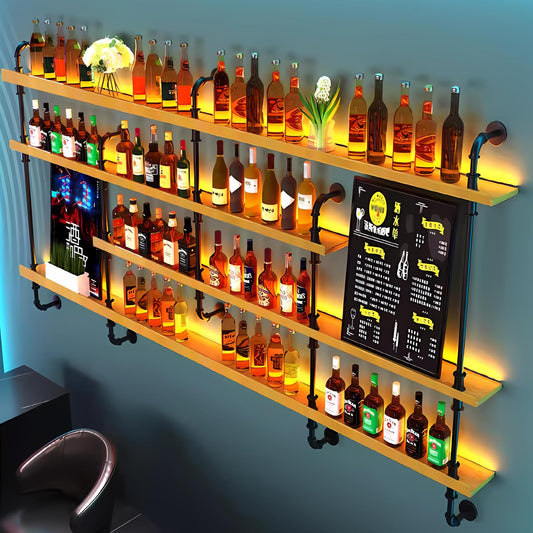 Dawselod Wandweinregal Mit LED-Beleuchtung, 4 Ebenen Massivholz Weinflaschenhalterung, Whiskeyregal mit Geländer, Modernes Weinlager Für Homebar, Küche, Gastronomie (Wood, 150 * 20 * 150cm)