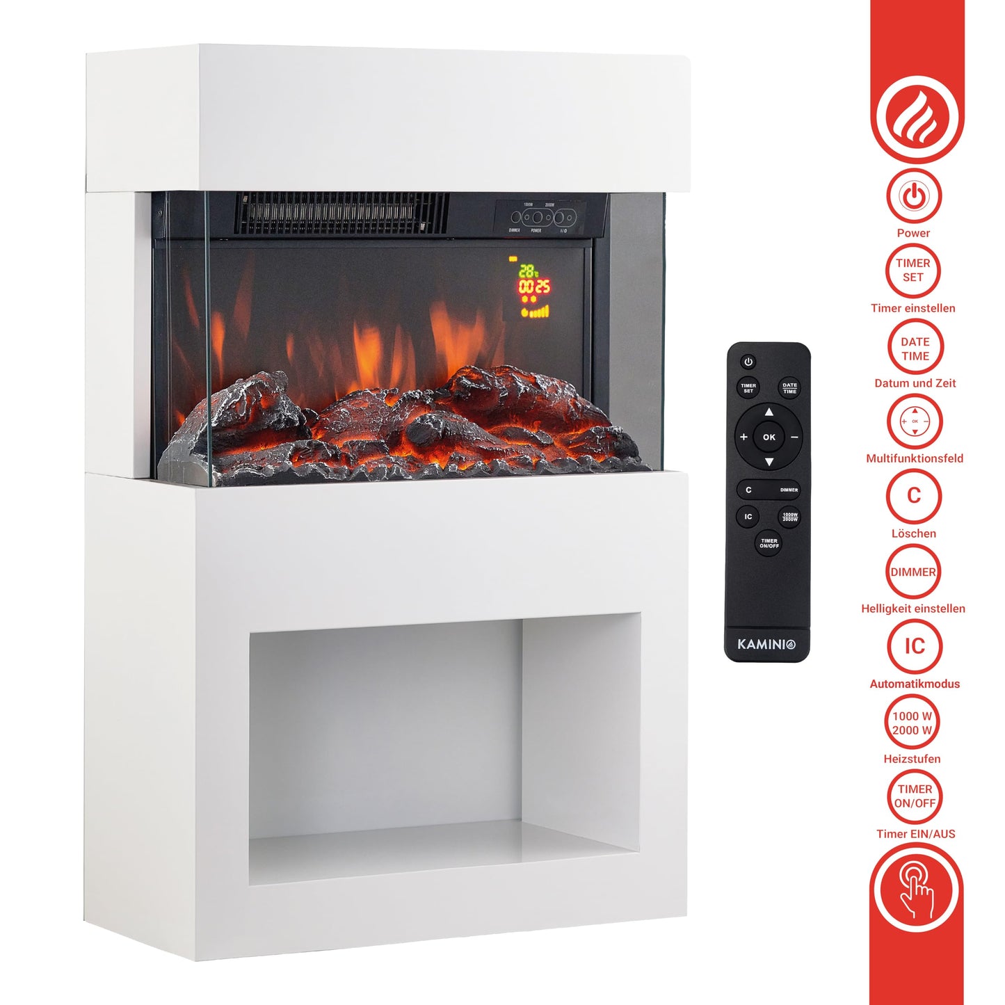 KAMINIO Henri Electric Fireplace with Heater, 3D Flame Effect, Wooden Compartment, Remote Control (White)