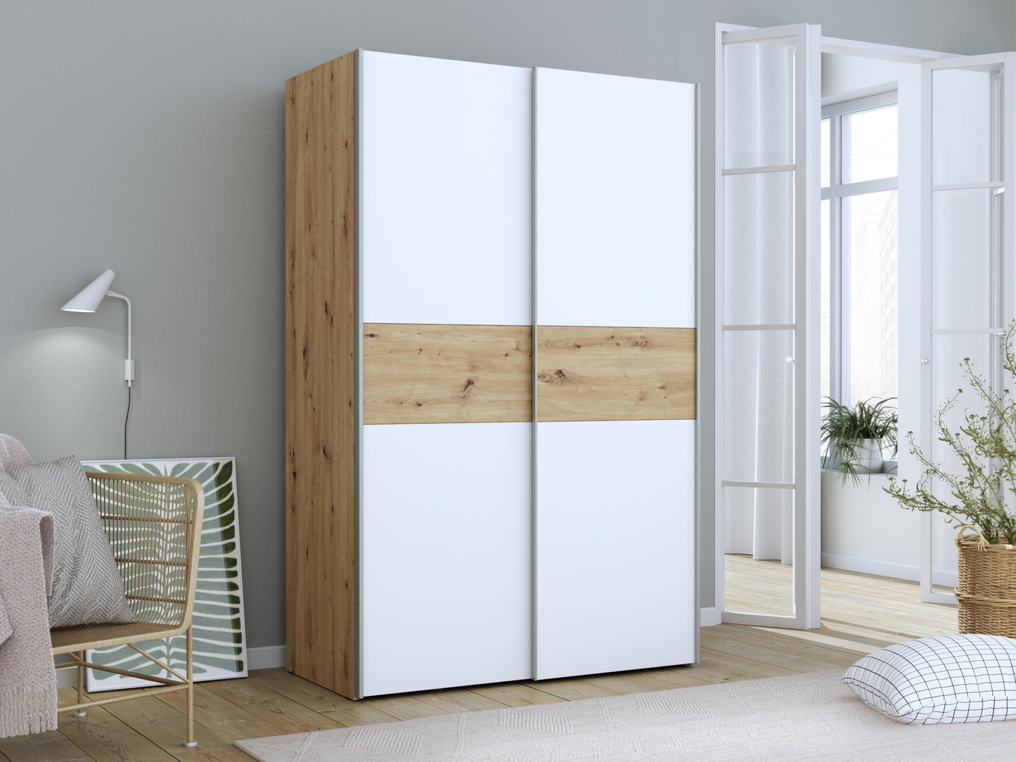 FORTE OZZULA Wardrobe 120, Wardrobe, Sliding Door Wardrobe, Bedroom Wardrobe, Scandinavian 2 Door Shelves, Clothes Rail, White/Artisan Oak, 120 cm Wide x 190.5 cm High x 61 cm Deep