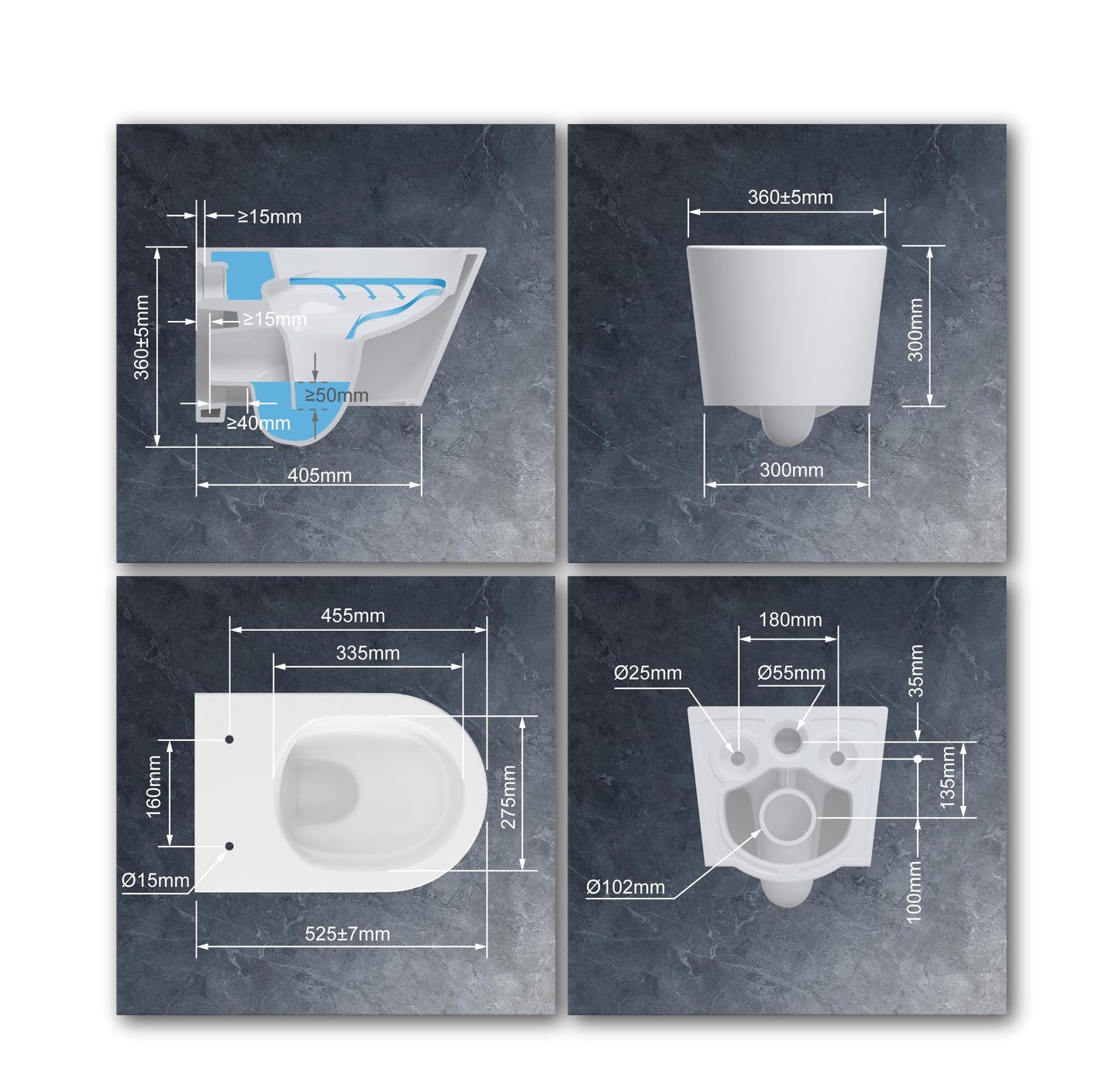 UDiseño Wall Toilet Rimless Toilet, 360° Superspin Flush Hanging Toilet, Raised Complete Set, D Shape, Low Noise Tornado Toilet Flush, UF Lid Seat with Soft-Close Mechanism, 52.5 cm Long, White