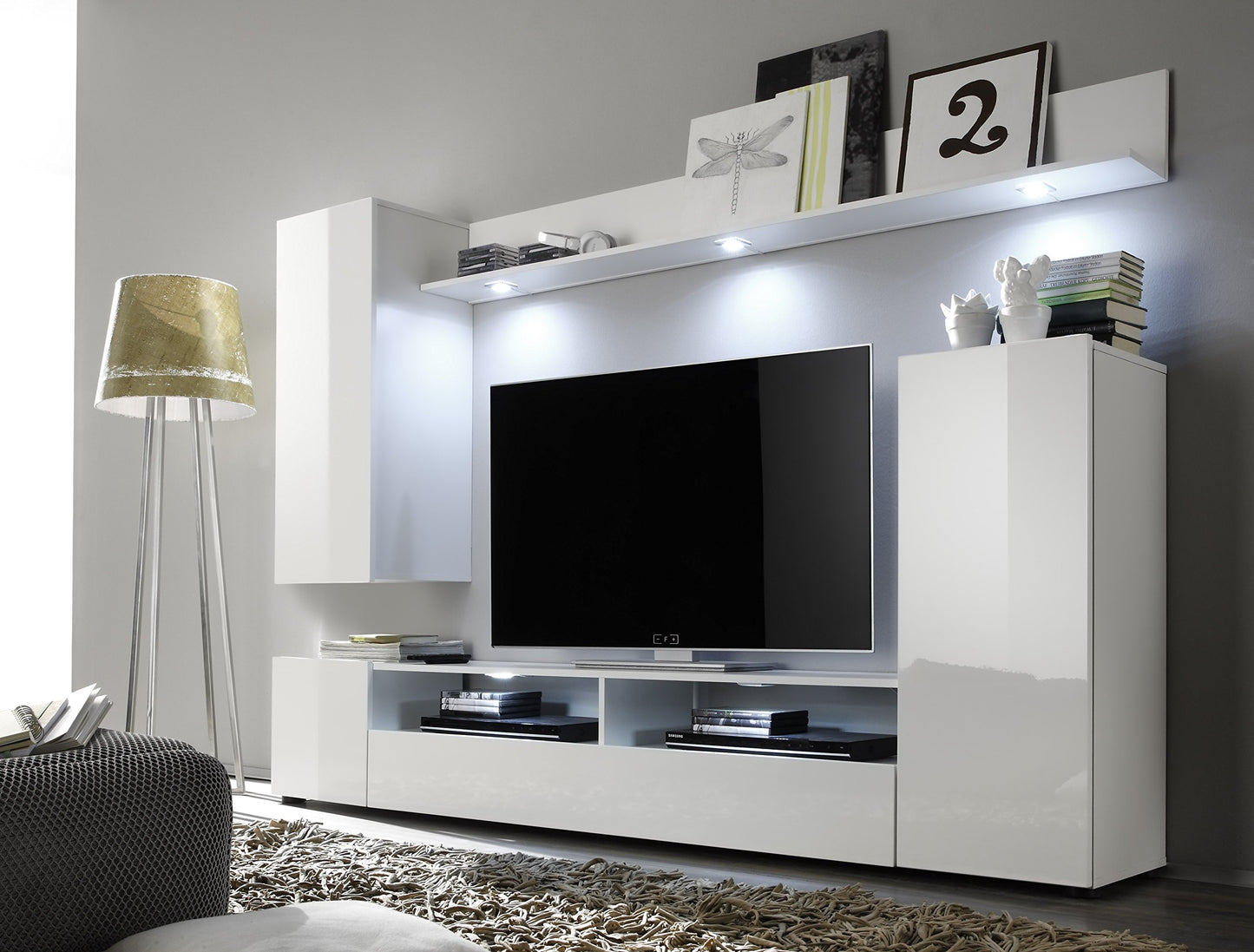 trendteam smart living - Logo - Wall Unit - Brown - Wall Unit with 1 Door, 1 Flap and 6 Open Compartments - (W x H x D) 240 x 185 x 41 cm - Silver Matte Handles