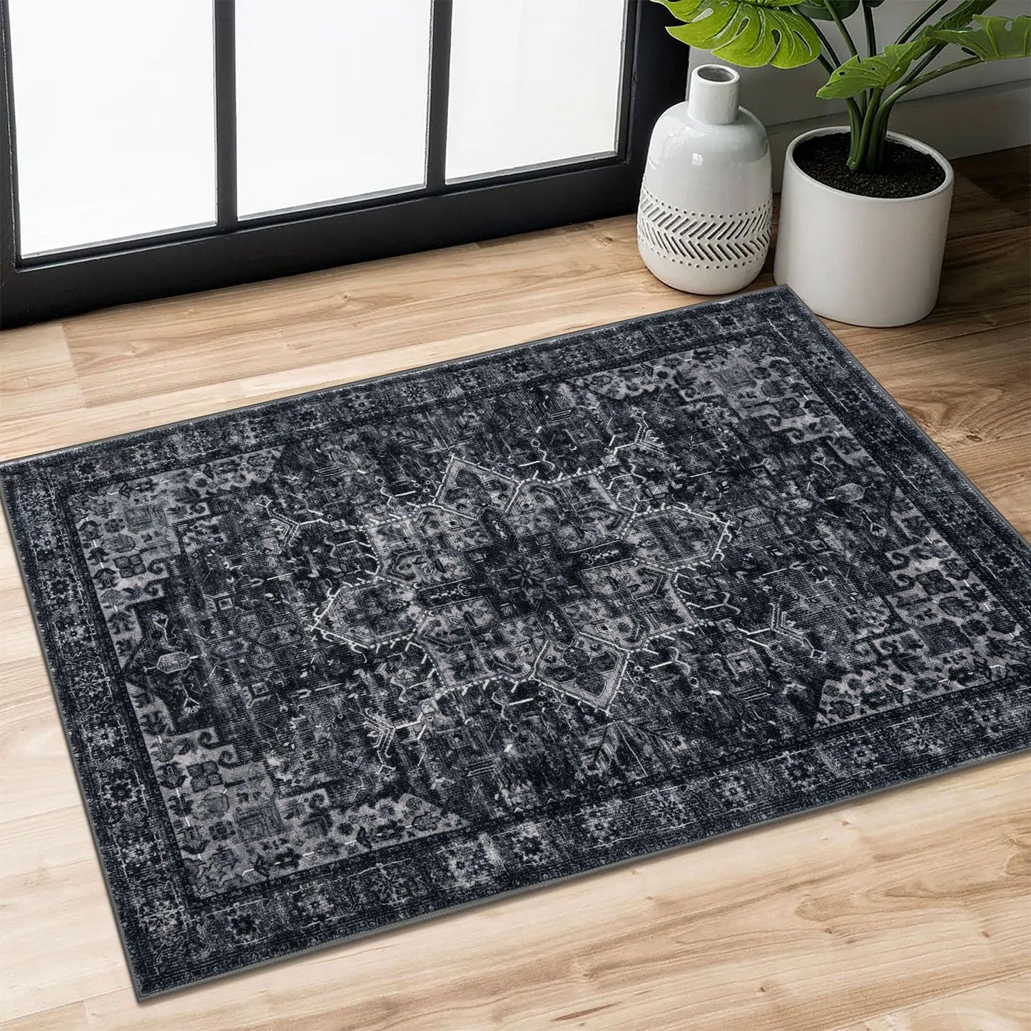 2x3 Blue Washable Rug for Entrance, Soft Traditional Area Rug, Non-Slip Printed Kitchen Rugs, Low-Pile Medallion Indoor Door Mat, Small Farmhouse Carpet for Entryway Kitchen Foyer Bedside
