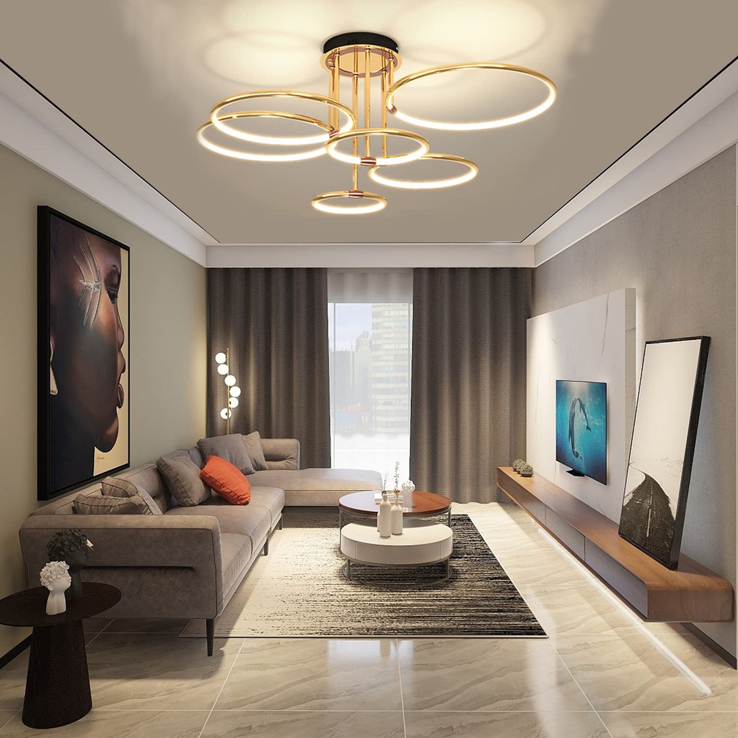 LED Deckenleuchte Modern Design Deckenlampen Gold 5-Ring Lampen Dimmbar Wohnzimmerlampe mit Fernbedienung, Aluminium Led Beleuchtung für Wohnzimmer Schlafzimmer Küche Esszimmer Büro 93cm, 108W…