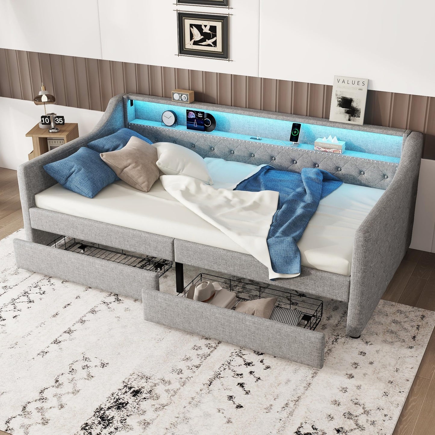 Aoskem Polsterbett Tagesbett Einzelbett 90x200 mit 2 Stauraum Schubladen, Kinderbett LED-Sofabett mit USB-Ladebuchse, Bettgestell mit Lattenrost, Jugendbett Schlafsofa, Ohne Matratze, Leinen (Grau)
