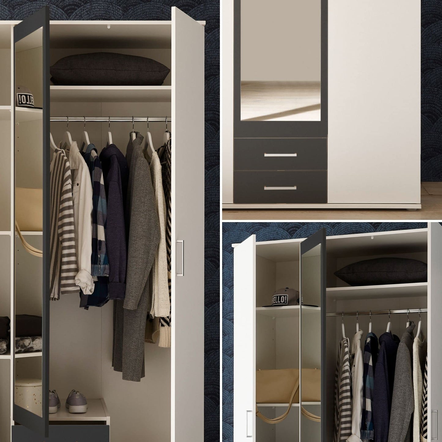 Stella Trading HANAU Wardrobe with Mirror Door in White, Graphite, Versatile Hinged Door Cupboard, 4 Doors for Your Bedroom, 160 x 196 x 54 cm (W x H x D)